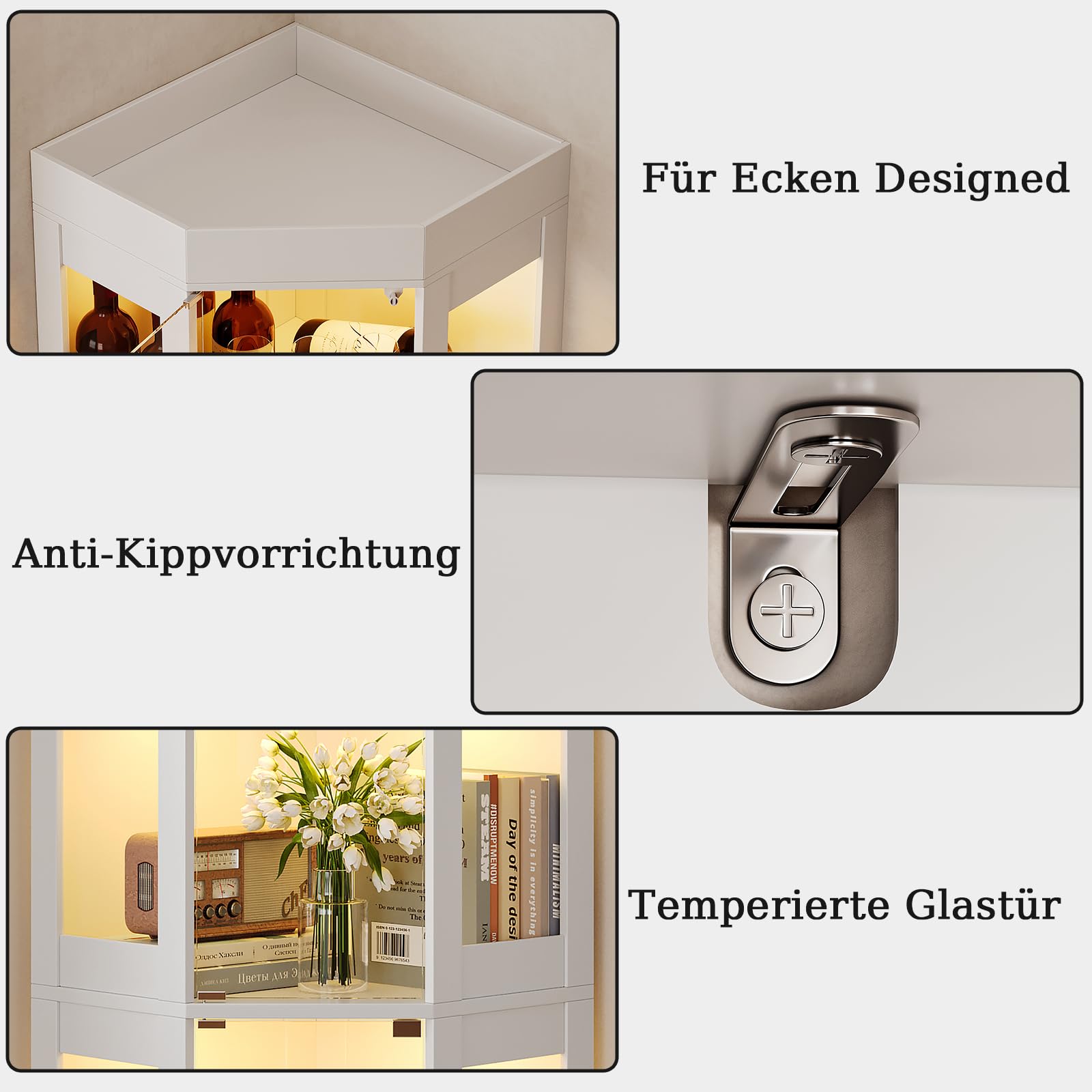 178 cm Eck-Glasvitrine mit LED-Beleuchtung, 4 Ablagen & Glastüren, Weiß