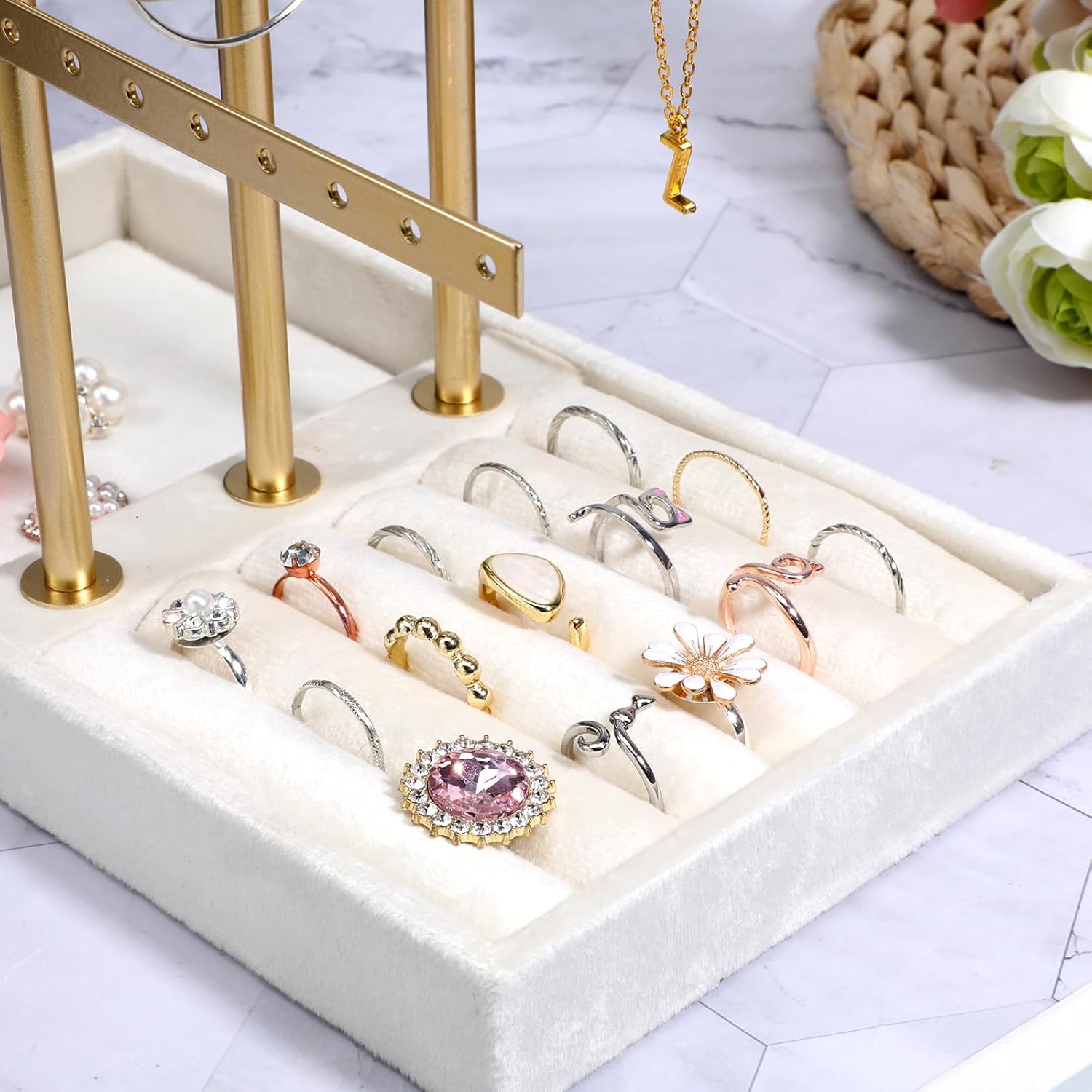 3 Tier Jewelry Bracelet Holder Organizer, T Bar Bracelet Earing Display Rack with Velvet Ring Storage Tray, Women Jewelry Holder Stand for Bracelets, Necklace, Rings, Earrings, Bangle, Scrunchie - Image 4