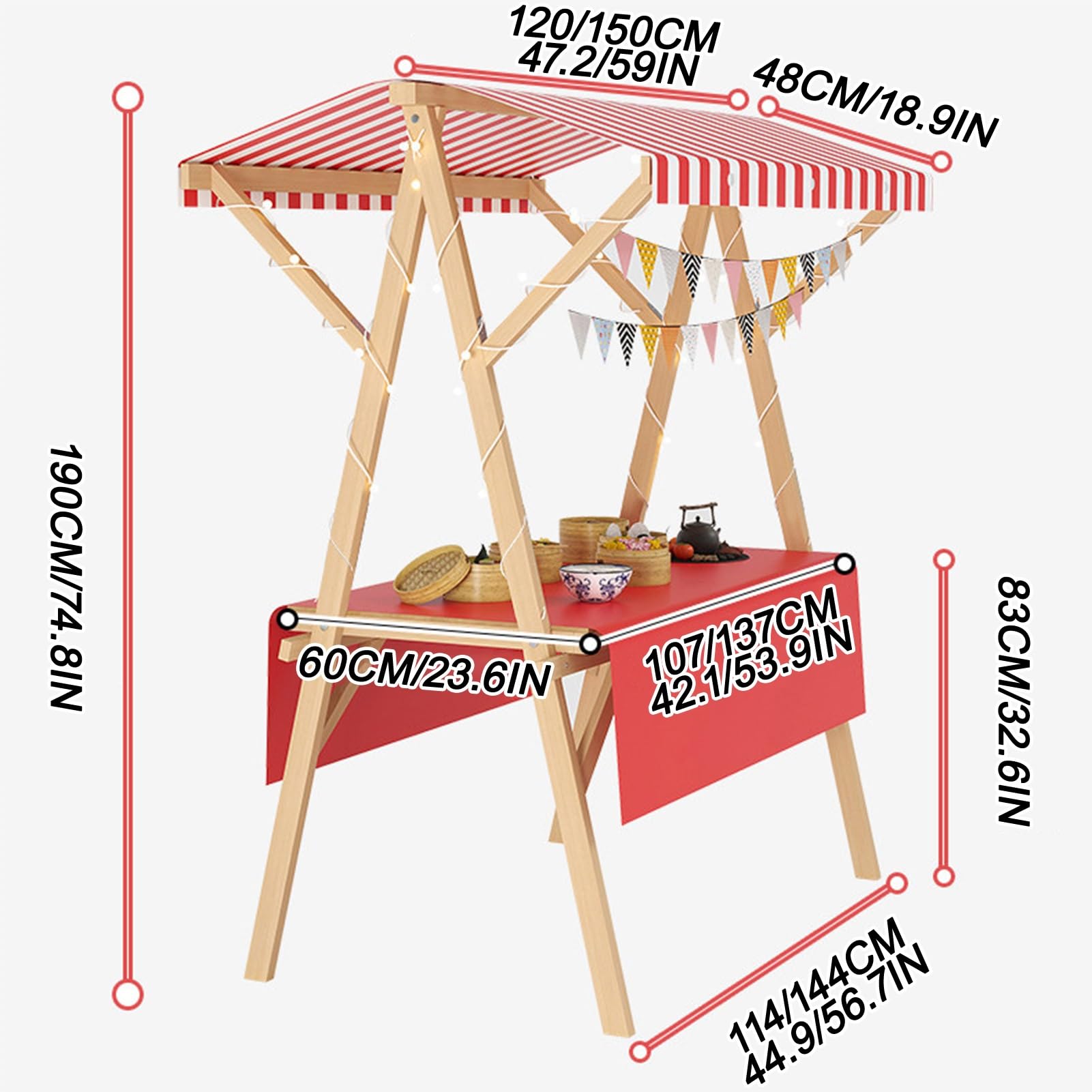 Chariot d'extérieur portable avec auvent rayé, cabine de nourriture pliable en bois pour rue et marché agricole, idéal pour la vente d'événements et le service alimentaire