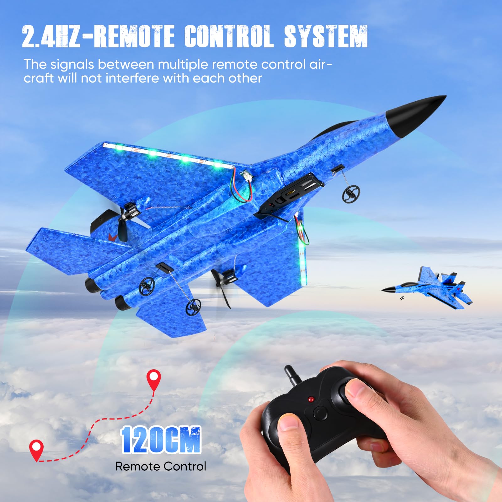 Avion Télécommandé 2.4 GHz RC, 2 Modes Démarrage, Gyroscope 3 Axes, LED, USB, Bleu