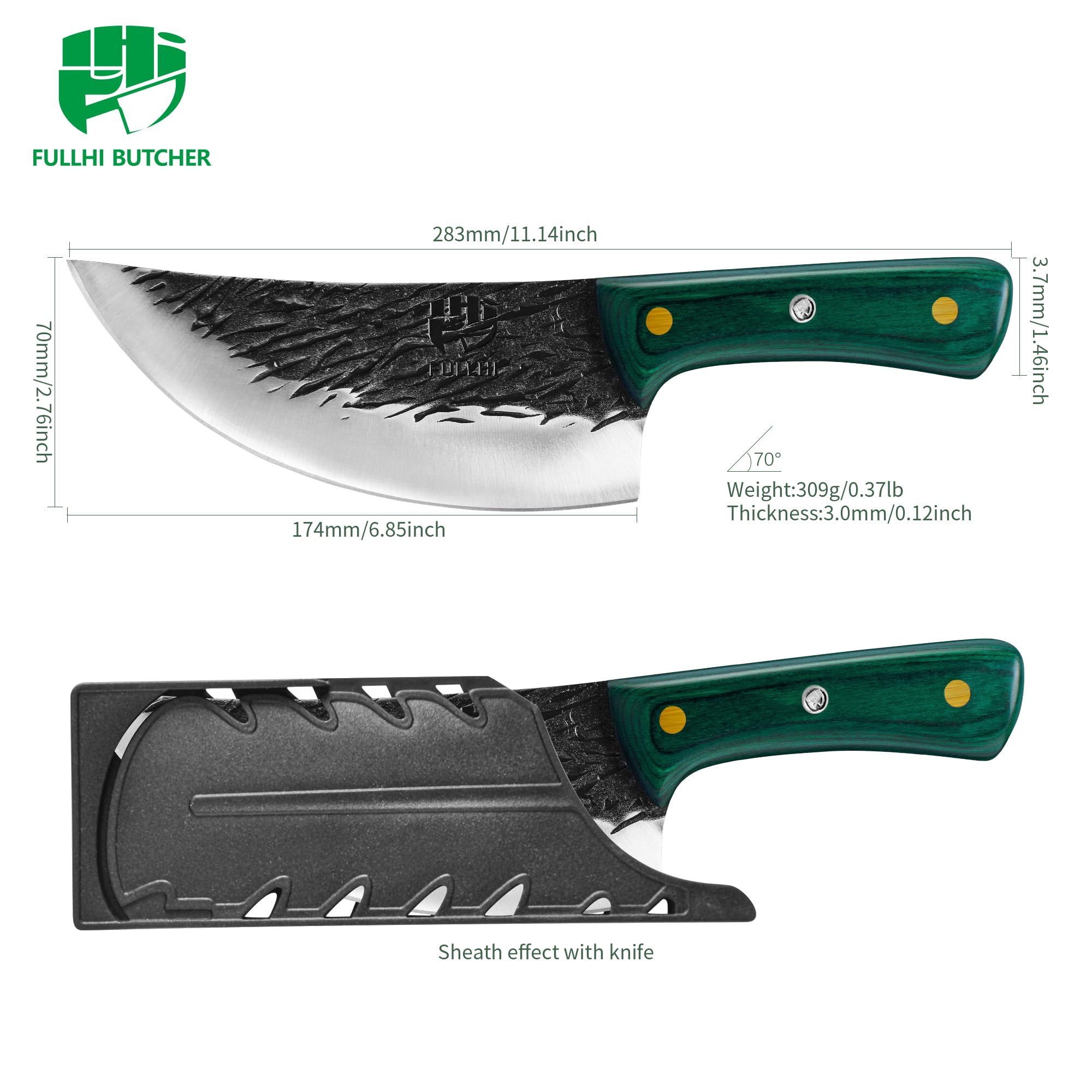 FULLHI Cuchillo de Carne con Mango de Madera y Funda, Cuchillo de Cocina de Acero al Carbono para Cortar Carne, Cocina al Aire Libre, Camping Barbacoa (Verde, 17cm)