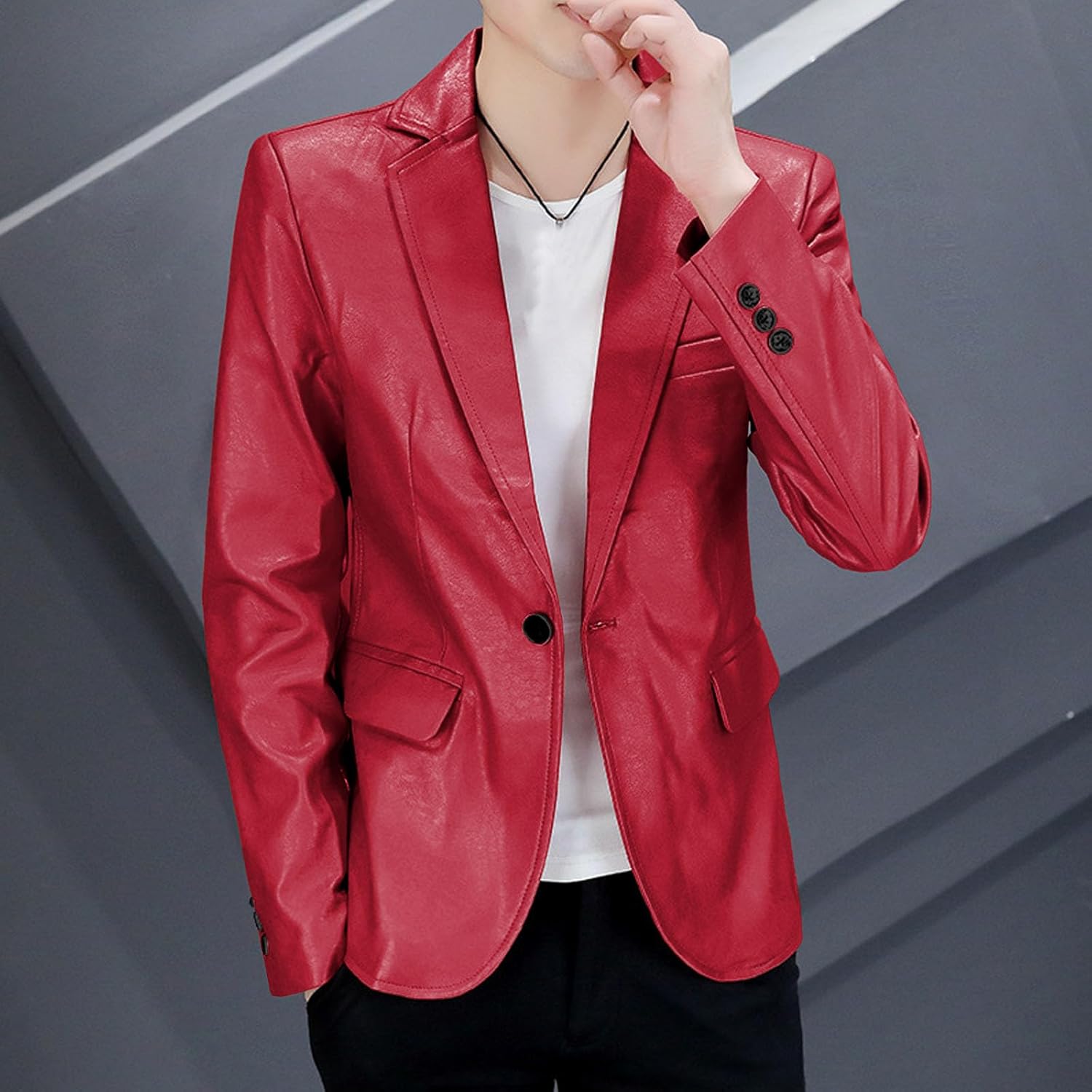 Men's Button Faux Leather Blazer Coat Slim Fit Suit Casual Motorcycle Jacket Notched Lapel Business Leather Jackets