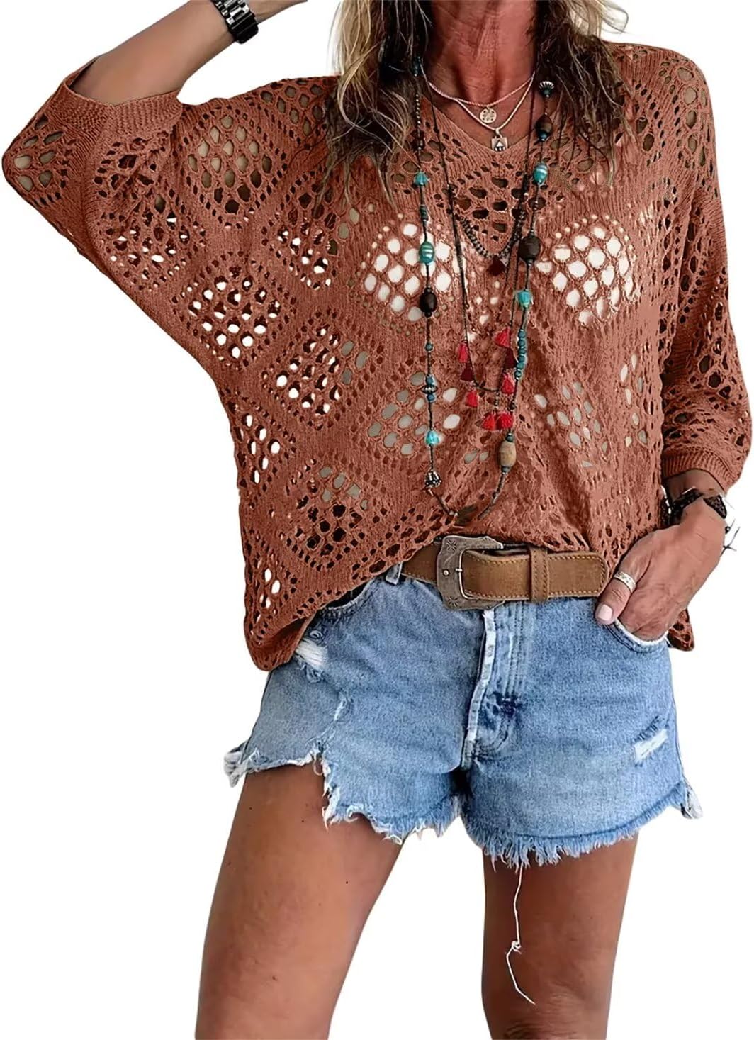 Allimy Womens Summer Crochet Long Sleeve Sexy Tops Sweaters for Women 2026 Beach Cover ups Cruise Outfits
