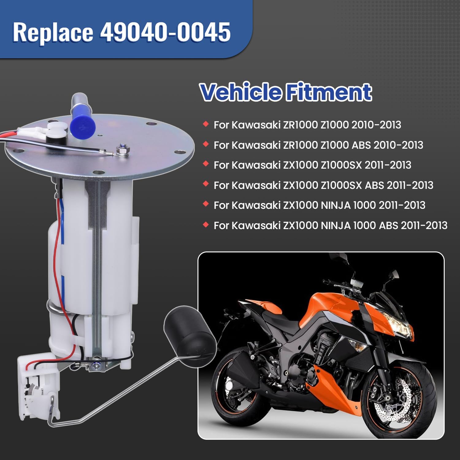 49040-0045 Fuel Pump Assembly Fits for Kawasaki ZR1000 Z1000 ZX1000 Ninja 1000 2011-2013, Fuel Pump Gas Petrol Sender Unit Replace 49040-0045