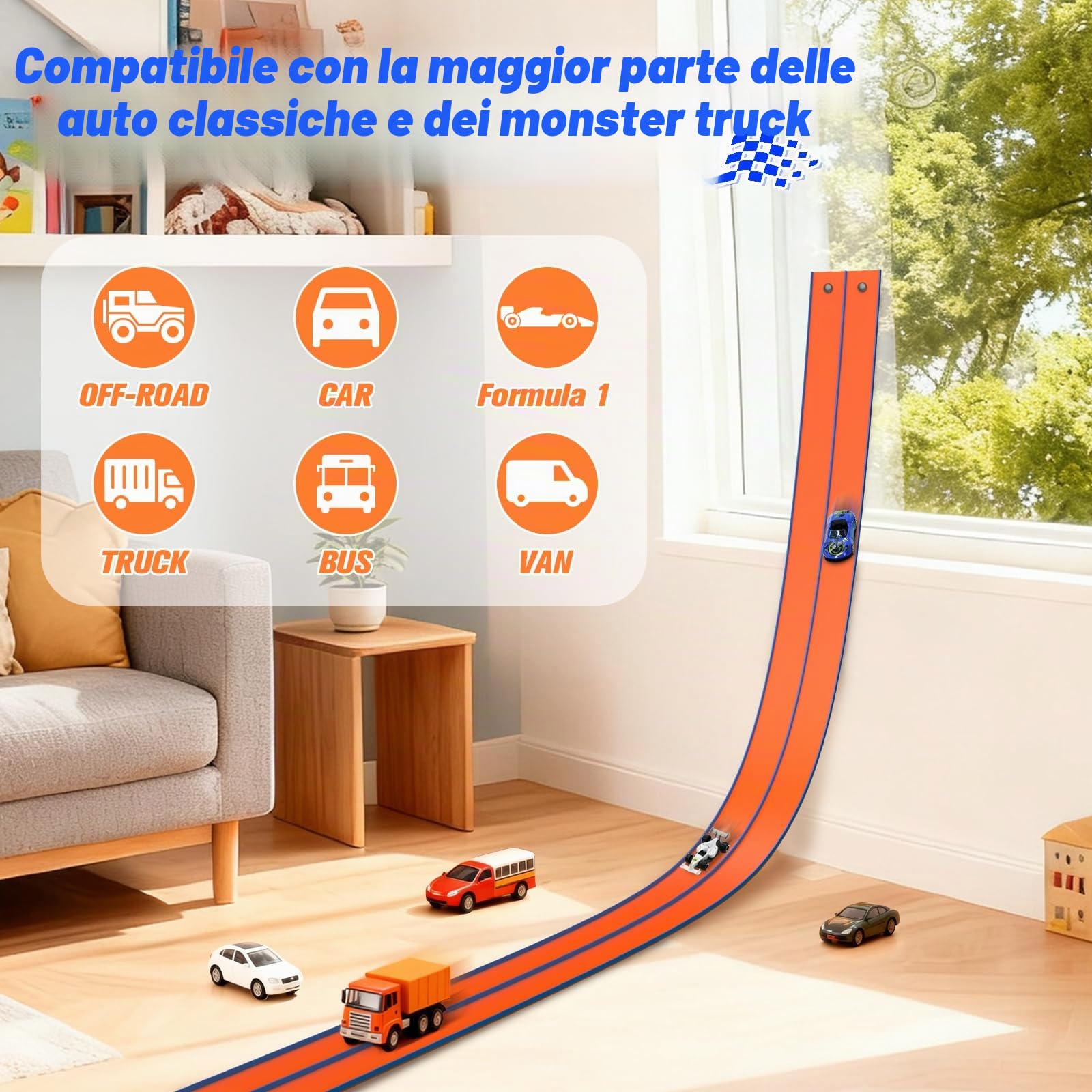 ACELIFE Autocarri flessibili, 4,5 m, incluse 4 auto, rampe portatili, per auto da 1/64°, giocattolo regalo per bambini a partire dai 3 anni in su