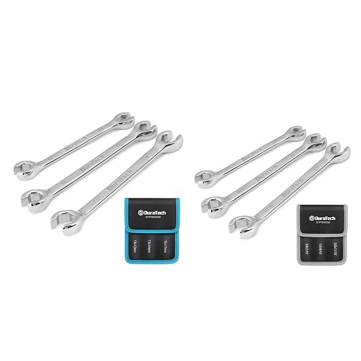 DURATECH 6-Piece Flare Nut Wrench Set, Standard & Metric, 3/8" to 11/16'' & 10-17mm, CR-V Steel, Organizer Pouch Included