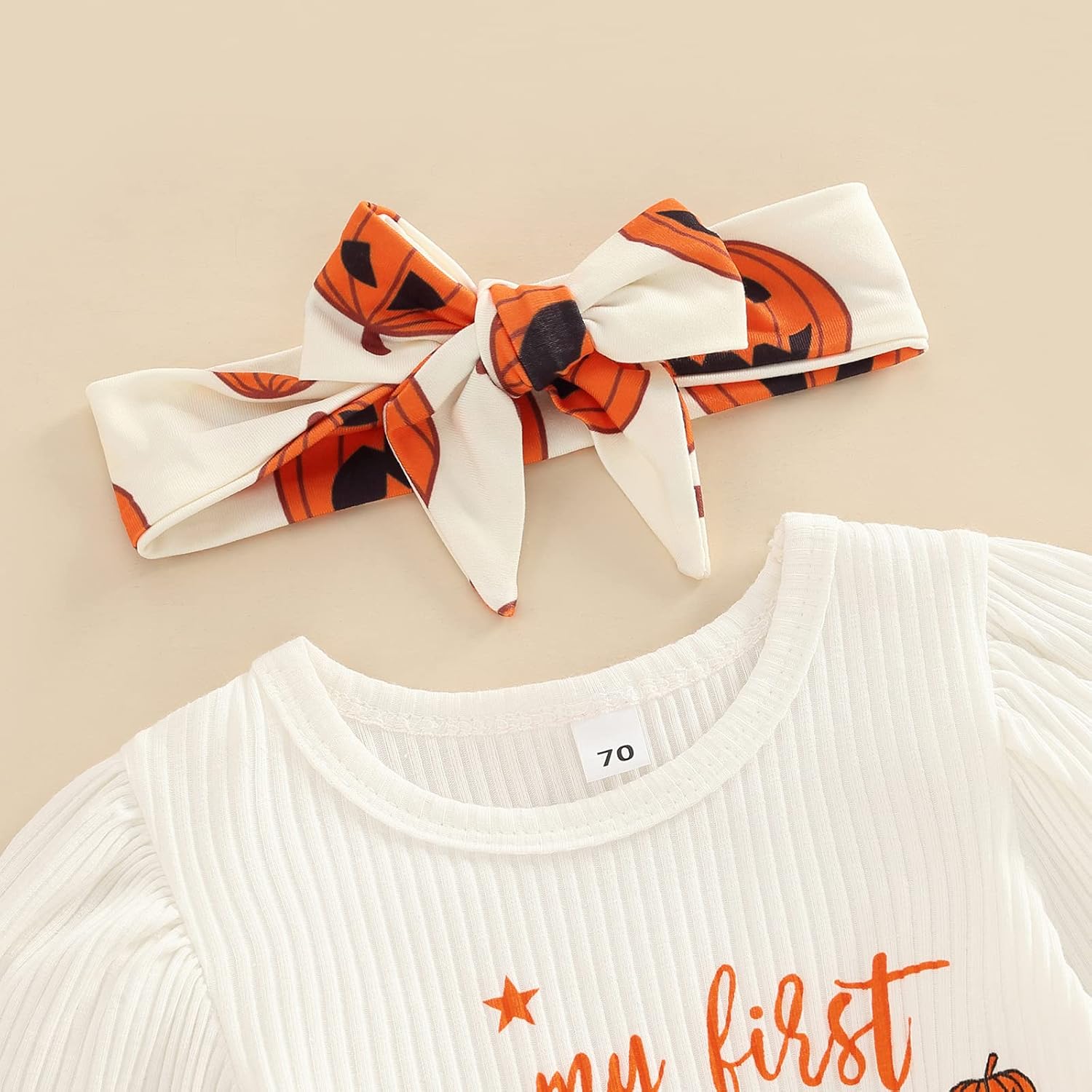 My First Halloween Baby Girl Outfit Puff Sleeve Romper Pumpkin Bell Bottoms Headband Newborn Halloween Clothes Set - Image 3