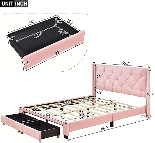 Miniatura 2 de Base de cama tamaño Queen, marco de cama de plataforma moderna con 2 cajones, base de cama tapizada con cabecera capitonada con botones y soporte de