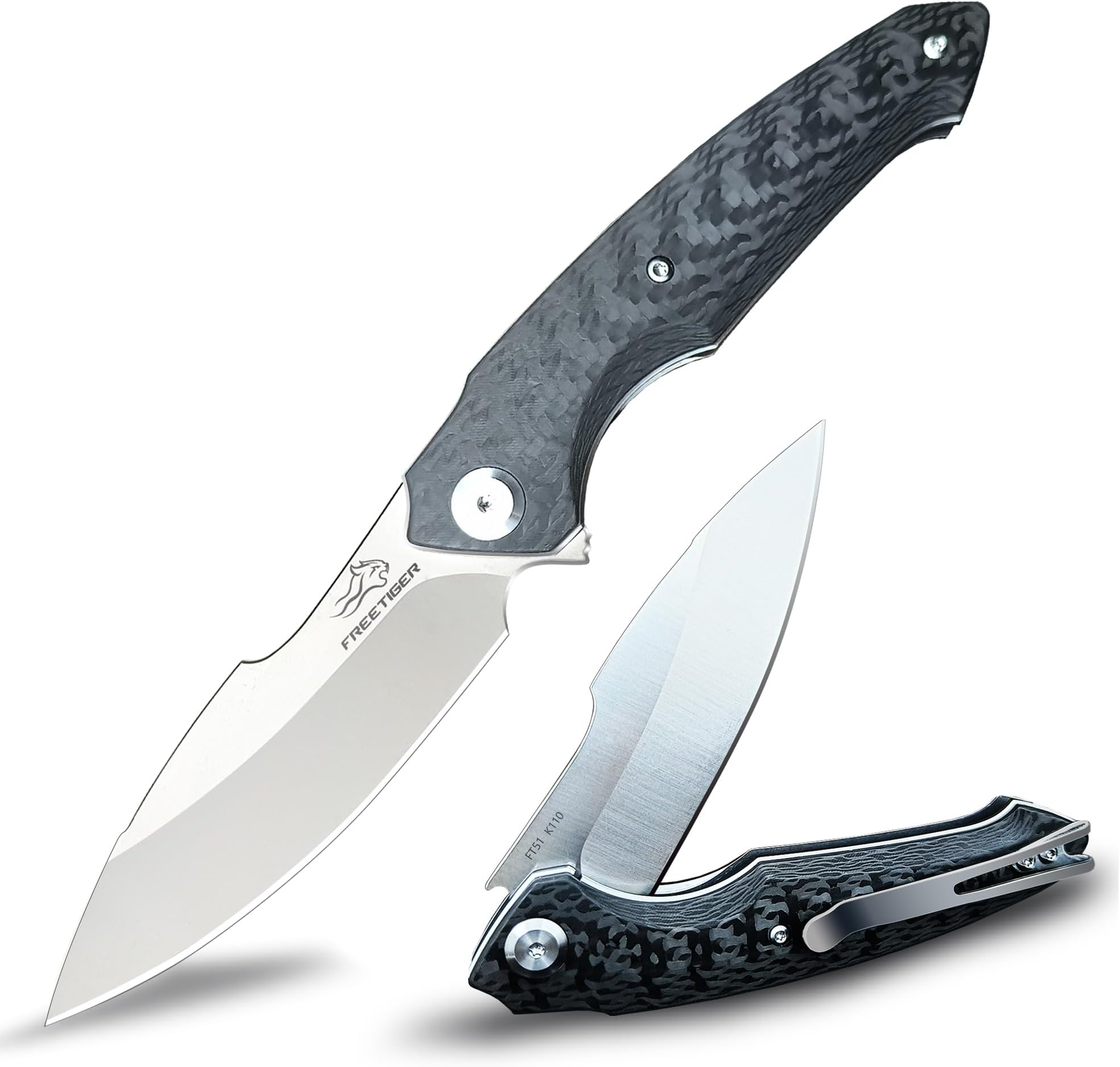 Folding Pocket Knife with Clip, Carbon Fiber Handle, 3.54'' K110 Steel Blade, Flipper Camping Folding Knives, Sharp EDC Knife for Men Survival Hiking