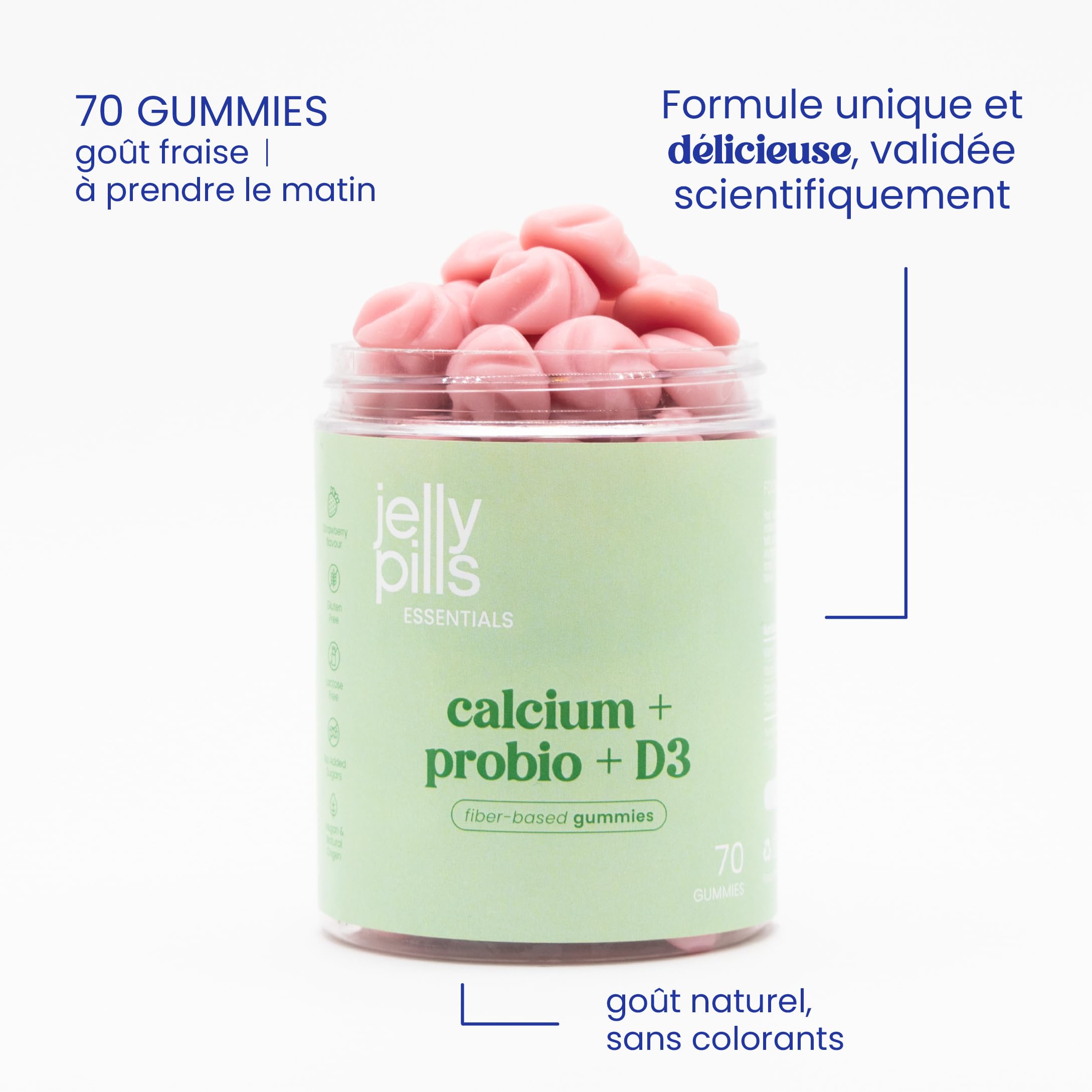 Jelly Pills Gummies calcium avec vitamine D3, K2 et probiotiques - 70 gummies véganes - sans sucres ajoutés - goût fraise - os, dents & digestion