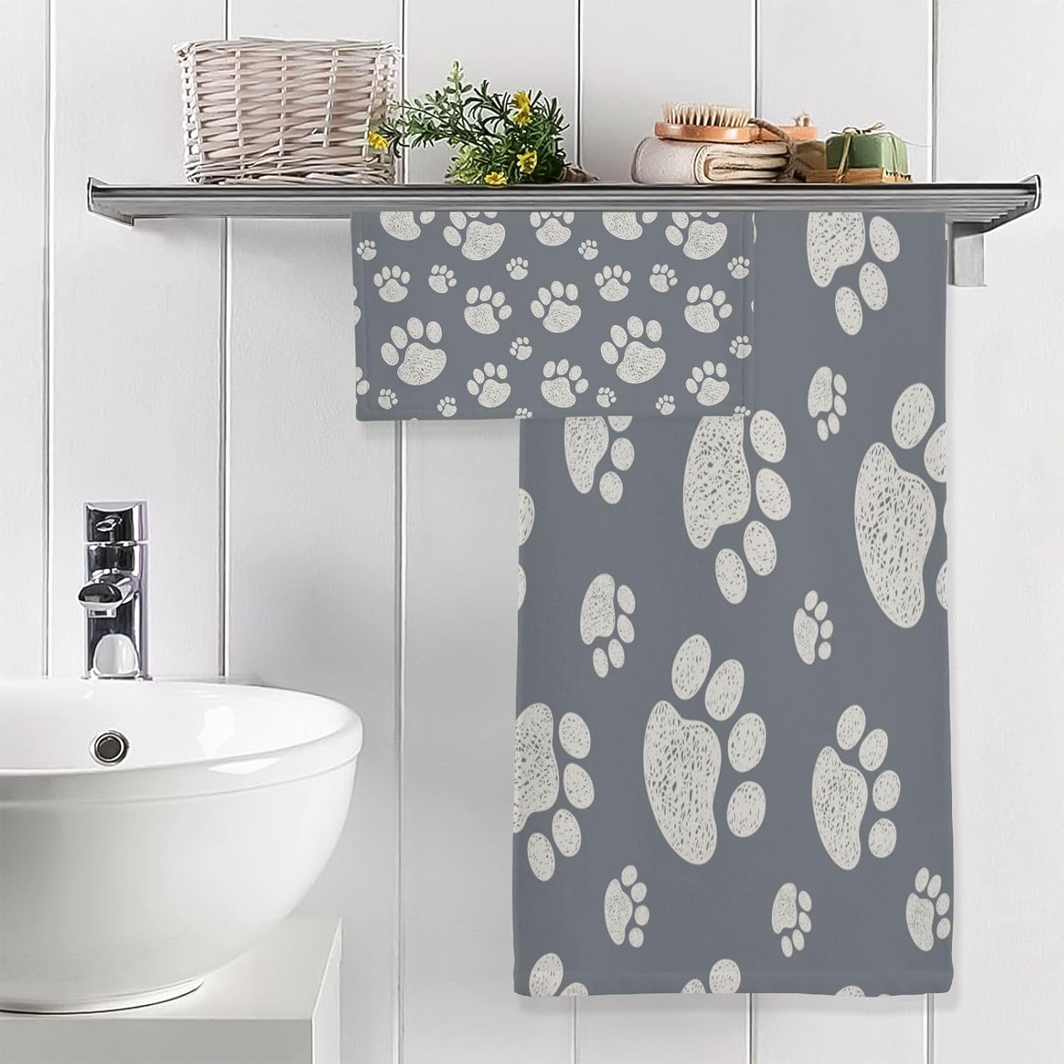 Hand Towels Premium Soft and Highly Absorbent Gray Dog Paw Print 2 Pcs Towels for Bathroom Set 100% Cotton Decorative Face Towels