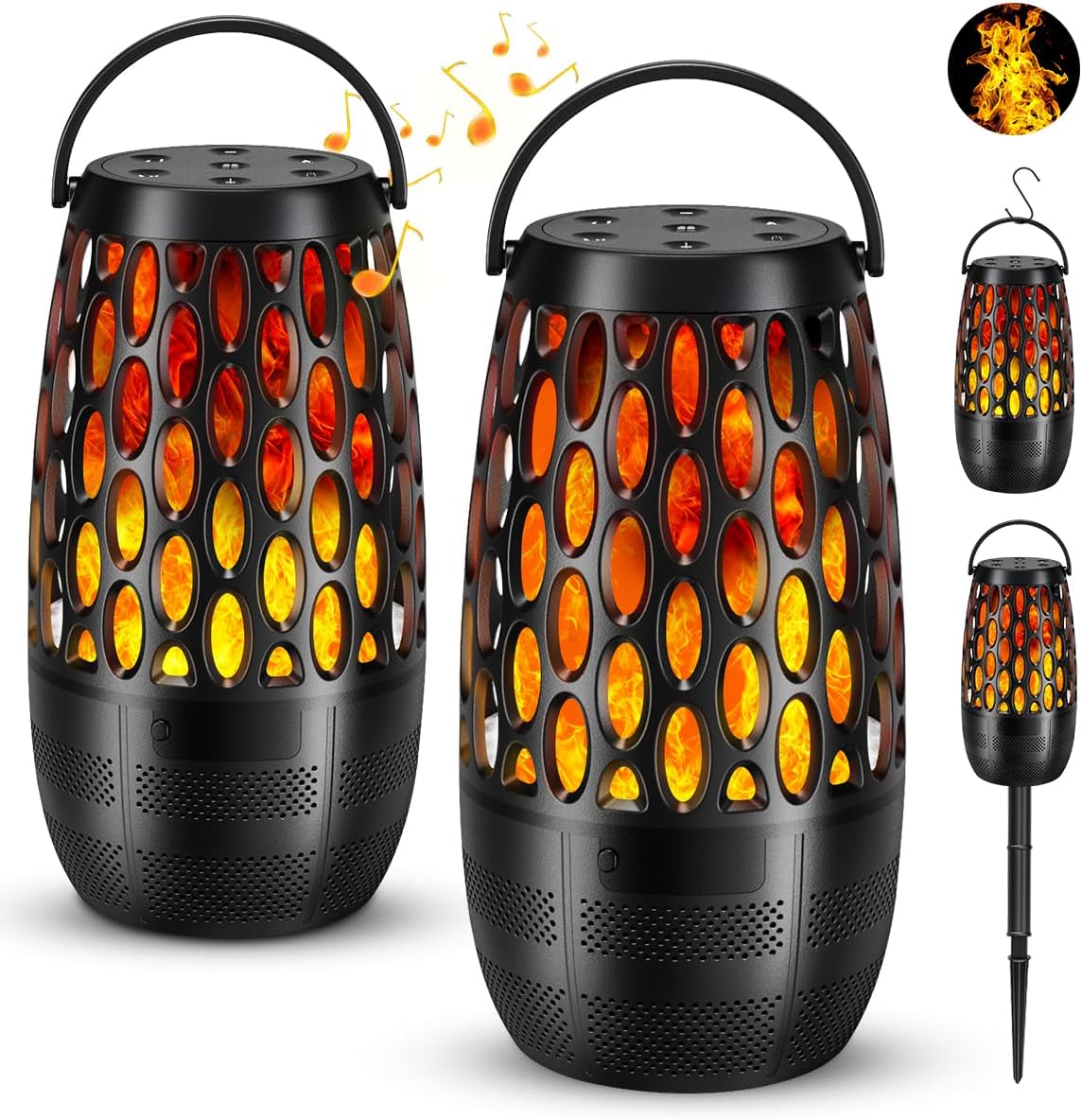2 Pack Outdoor Bluetooth Speakers,Waterproof Speakers with Stake & Hook,Sync Up to 100 Speakers,Torch Lantern for Patio Pool Party,Gifts for Men