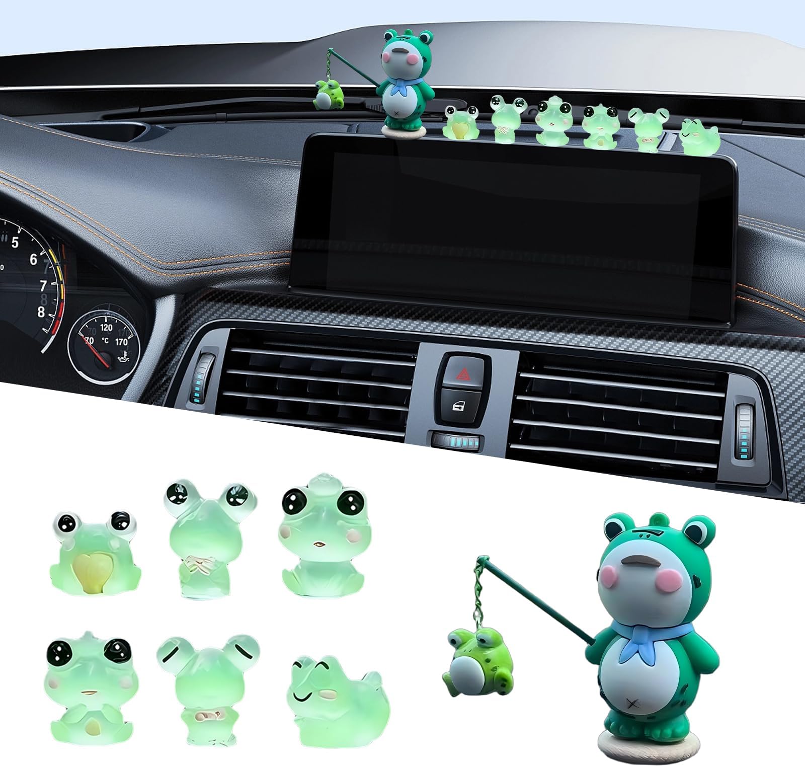 7 PCS Luminous Frog Car Dashboard Decoration, Fun Mini Center Console Ornaments, Self-adhesive Frog for Rearview Mirror Interior Decoration, for Most Cars Trucks Home Office (Green)