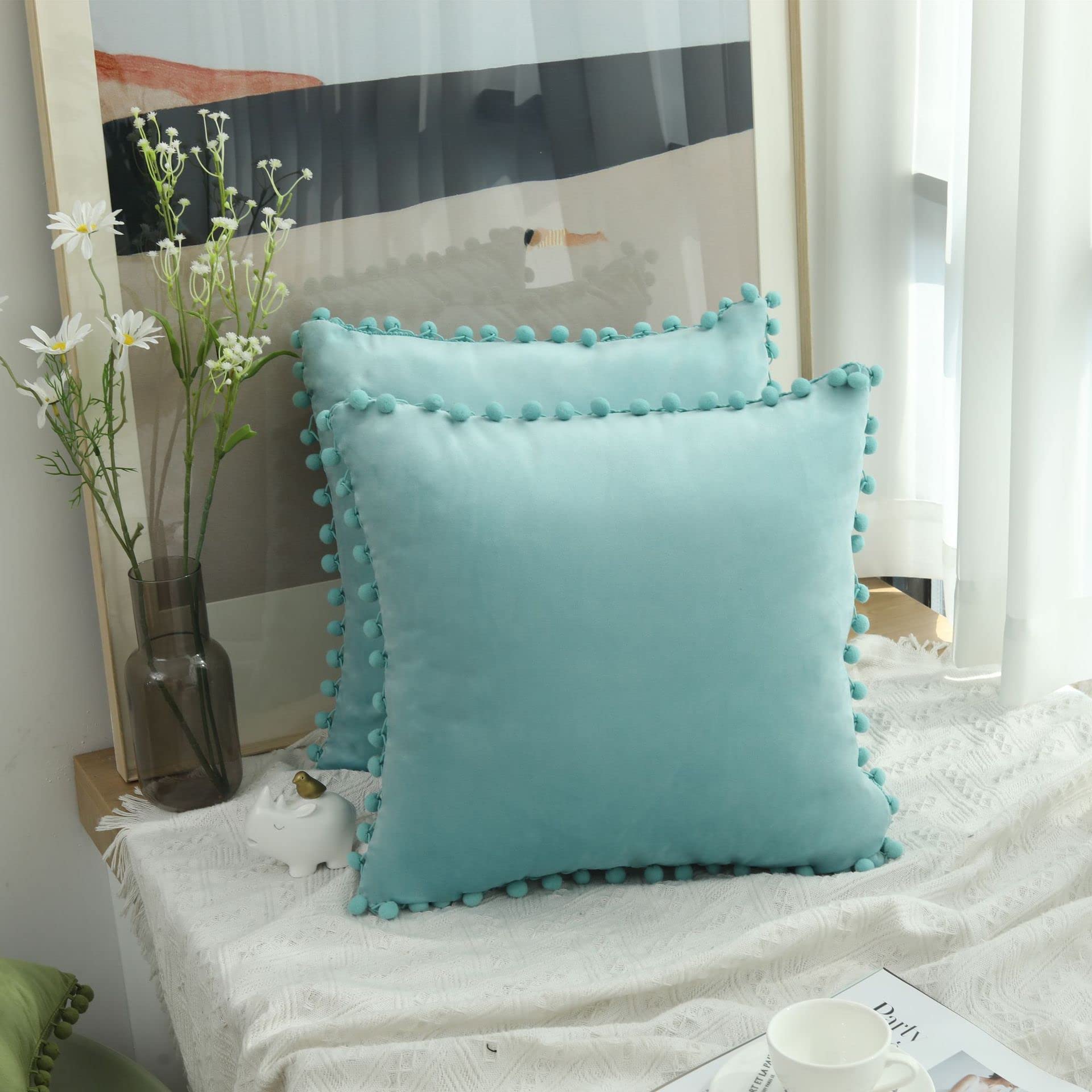Hediloo Cushion Covers Pack of 2 Soft Velvet Throw Pillow Cases with Pom Pom Invisible Zip for Sofa Chair Living Room (Mint Green, 50 * 50cm) โ image 1
