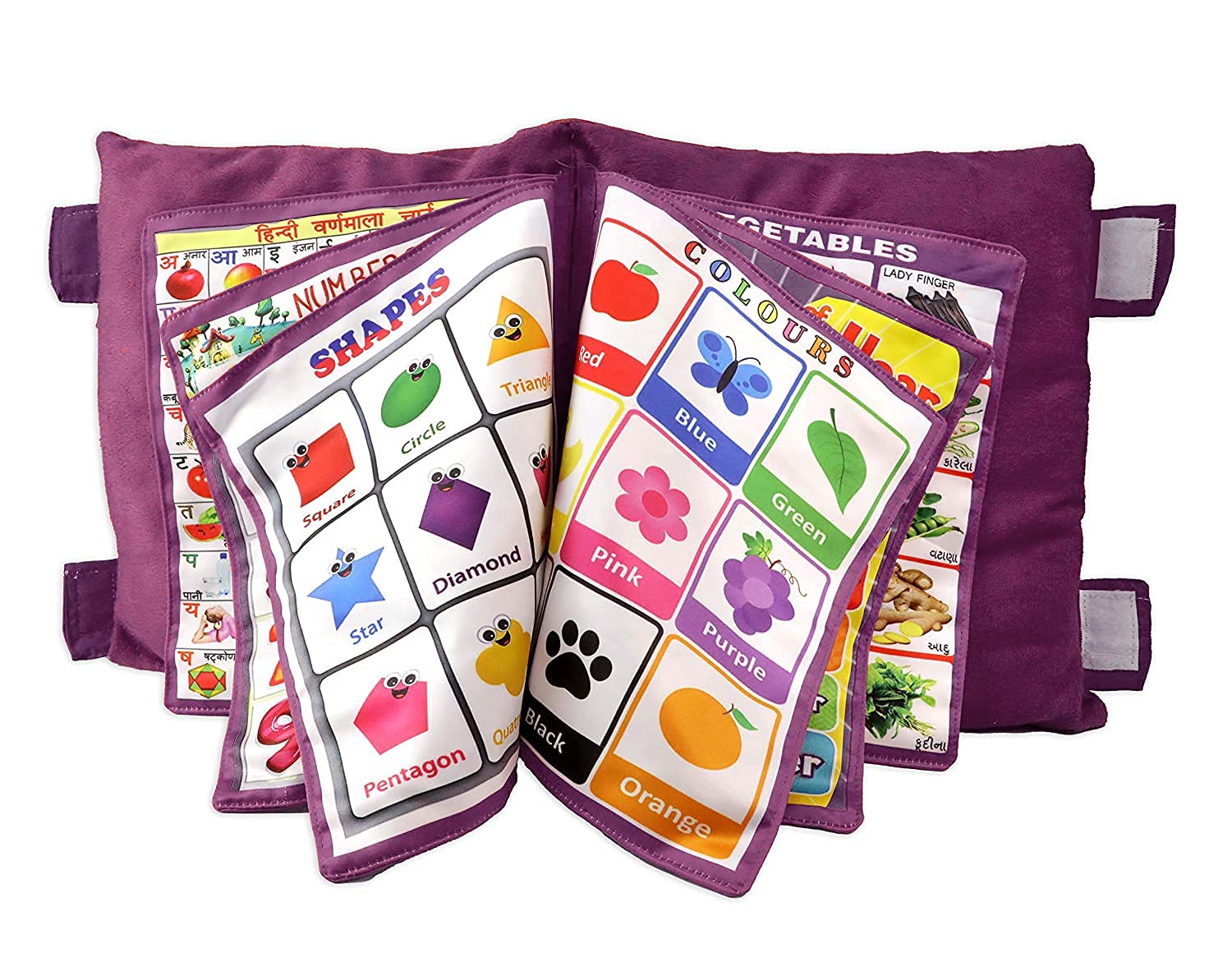 OPINA Kid's Learning Pillow Cum Book with English and Hindi Alphabets, Numbers, Animals Names Learning for Kids Velvet Cushion Book (Purple)