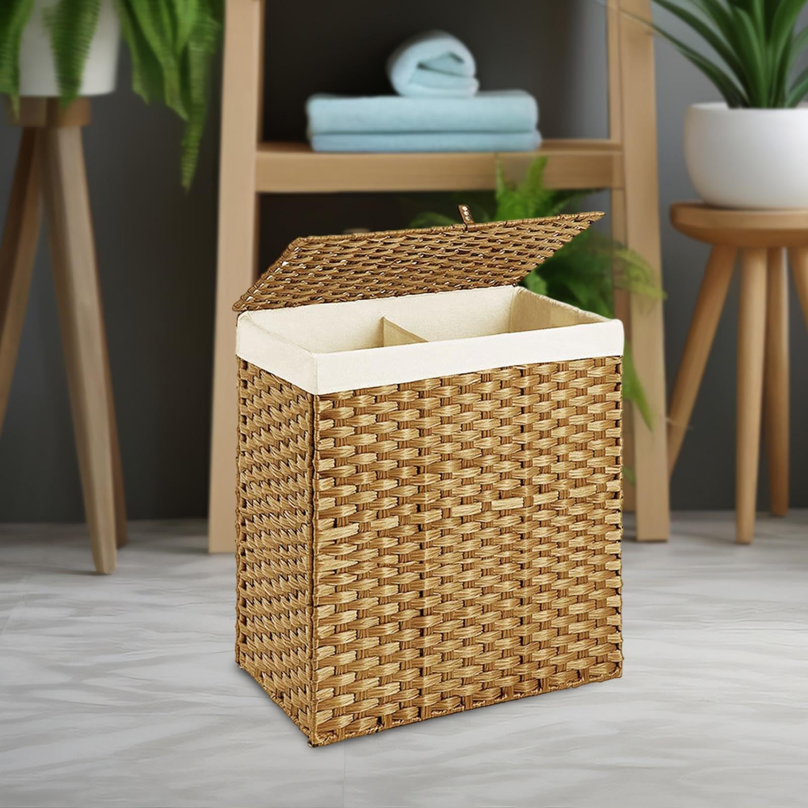 汚れかご汚れ服籐編み有蓋洗濯かごトイレバスルーム衣類玩具整理アイデア収納かご Amazon|ふた付きランドリーバスケット収納ボックス 模造籐編み