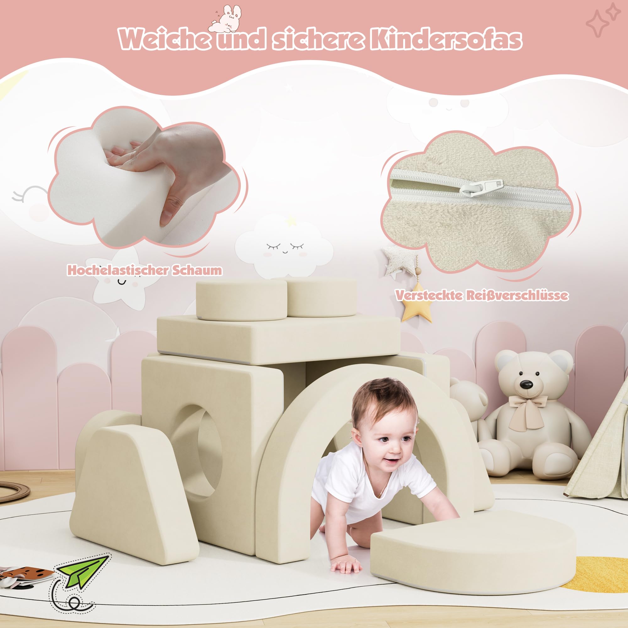 NACHES Spielsofa für Kinder, Modulares Kindersofa aus Schaumstoff, Kord, Kindercouch waschbar, Schlafsofa für Kinderzimmer (Beige, 2-Sitzer)