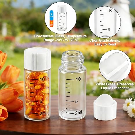 20Pcs 10ml (1/3 Oz) Clear Glass Vials with White Screwcaps, Small Glass Sample Vials, Borosilicate Glass Graduated Liquid Sampling Sample with Funnels Labels for Solid Liquid Powder Storage