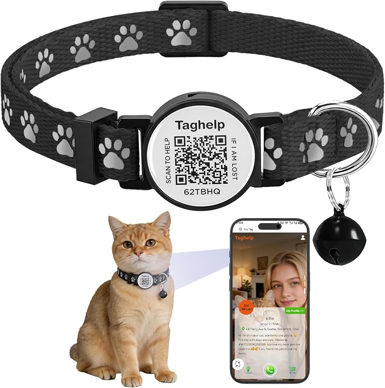 Coleira para Gatos com QR Code, Faixa Refletiva, Plaquinha e Fecho Breakaway Taghelp Preta