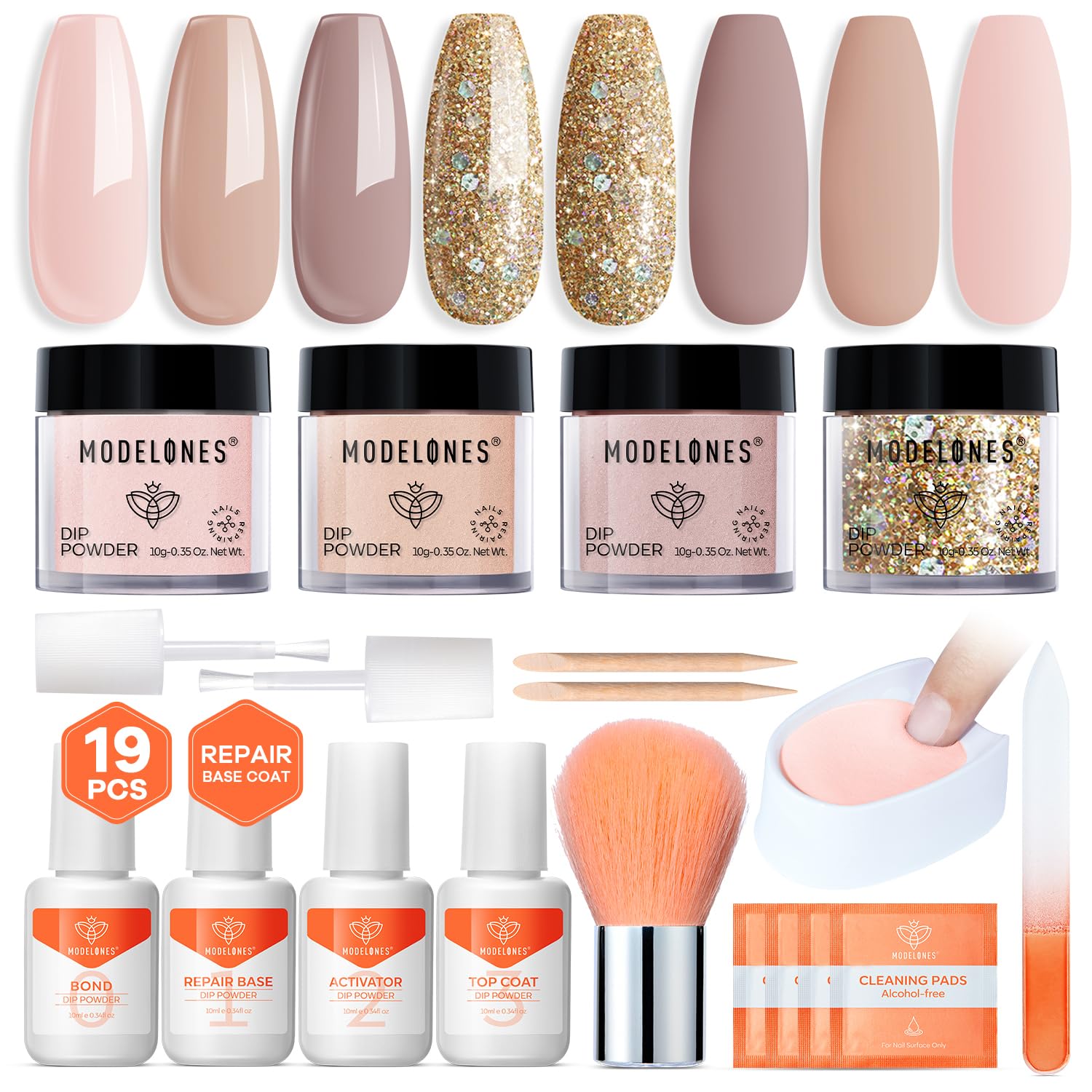 Modelones Dip Powder Nail Kit, 4 Colors Nude Brown Gold Glitter Dipping Starter Set with Liquid and Complete Accessories for French Nails Art Salon DIY at Home Manicure