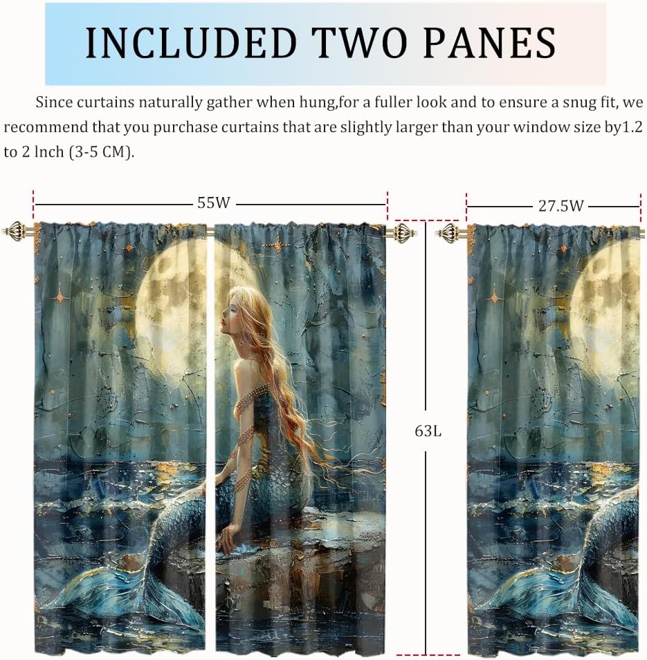 Denruny Rustic Abstract Mermaid Full Moon Curtains for Bedroom Vintage Oil Painting Anime Summer Beach Mermaid Thermal Insulated Room Darkening Rod Pocket Curtains for 2 Panels 63" L x 27.5" W