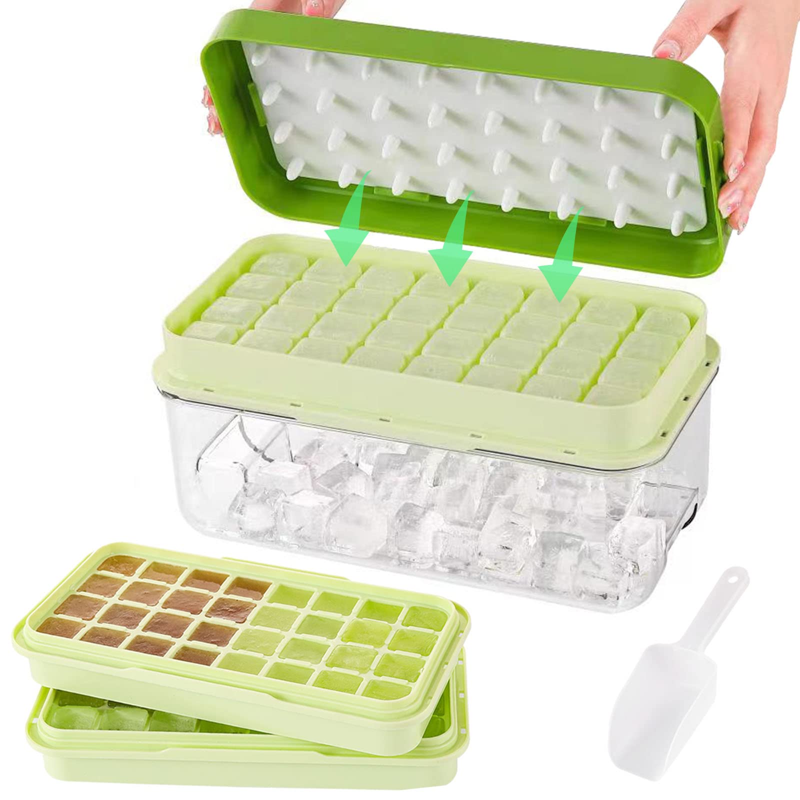 PENGKE Ice Cube Tray with Lid and Bin,64 Nuggets Silicone Ice Tray with Ice Bucket,Ice Cube Storage Container Set with 2 trays for Chilled Drink, Cocktail,Whiskey and Smoothie,Green