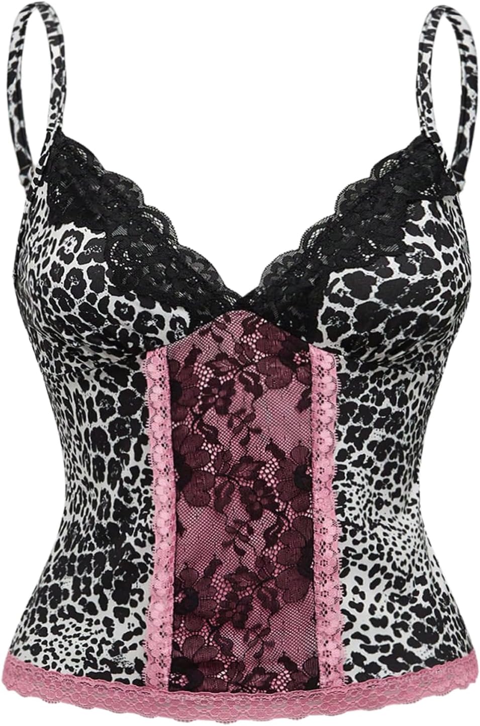 Women's Plus Size Lace Leopard Y2K Camisole Tops V Neck Spaghetti Strap Goth Low Cut Top