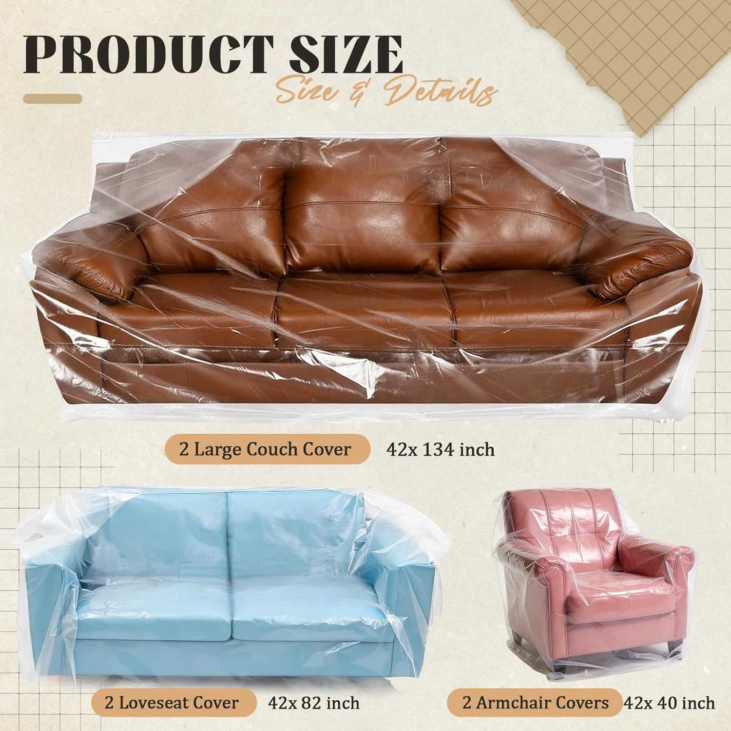 Breling 6 Pcs 3 Sizes Furniture Moving Covers for Couch Sofa Loveseat Armchair 4 Mil Thick Plastic Drop Cloths Clear Furniture Moving Protector for Cover and Storage, 134" x 42", 82" x 42", 42" x 40"