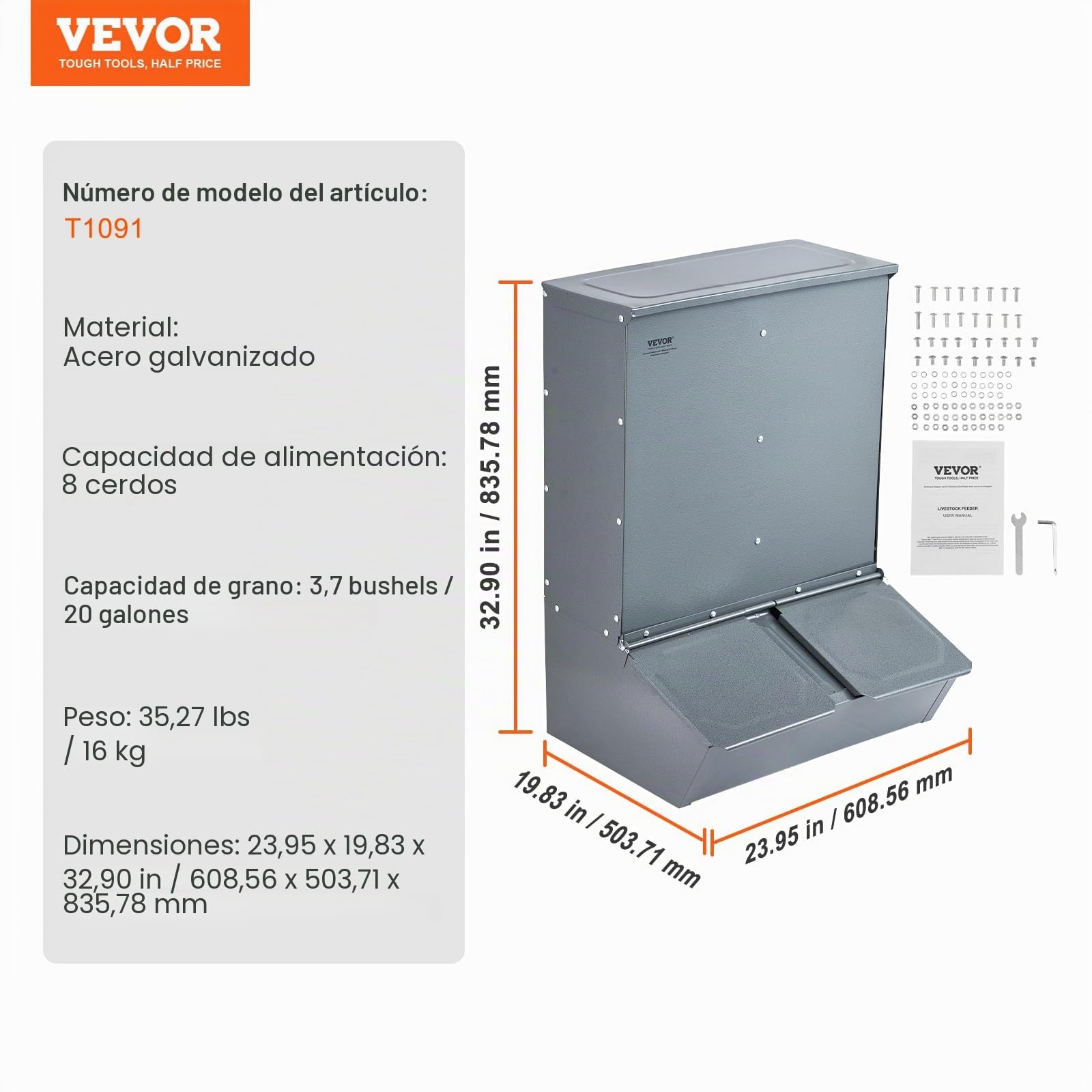 VEVOR Comedero para Cerdos de Capacidad de 90,92 L, Comedero para Cerdos de Doble Puerta, Comedero para Lechones de Acero Resistente, Comedero de Canaleta Multiusos para Alimentar hasta 8 Cerdos