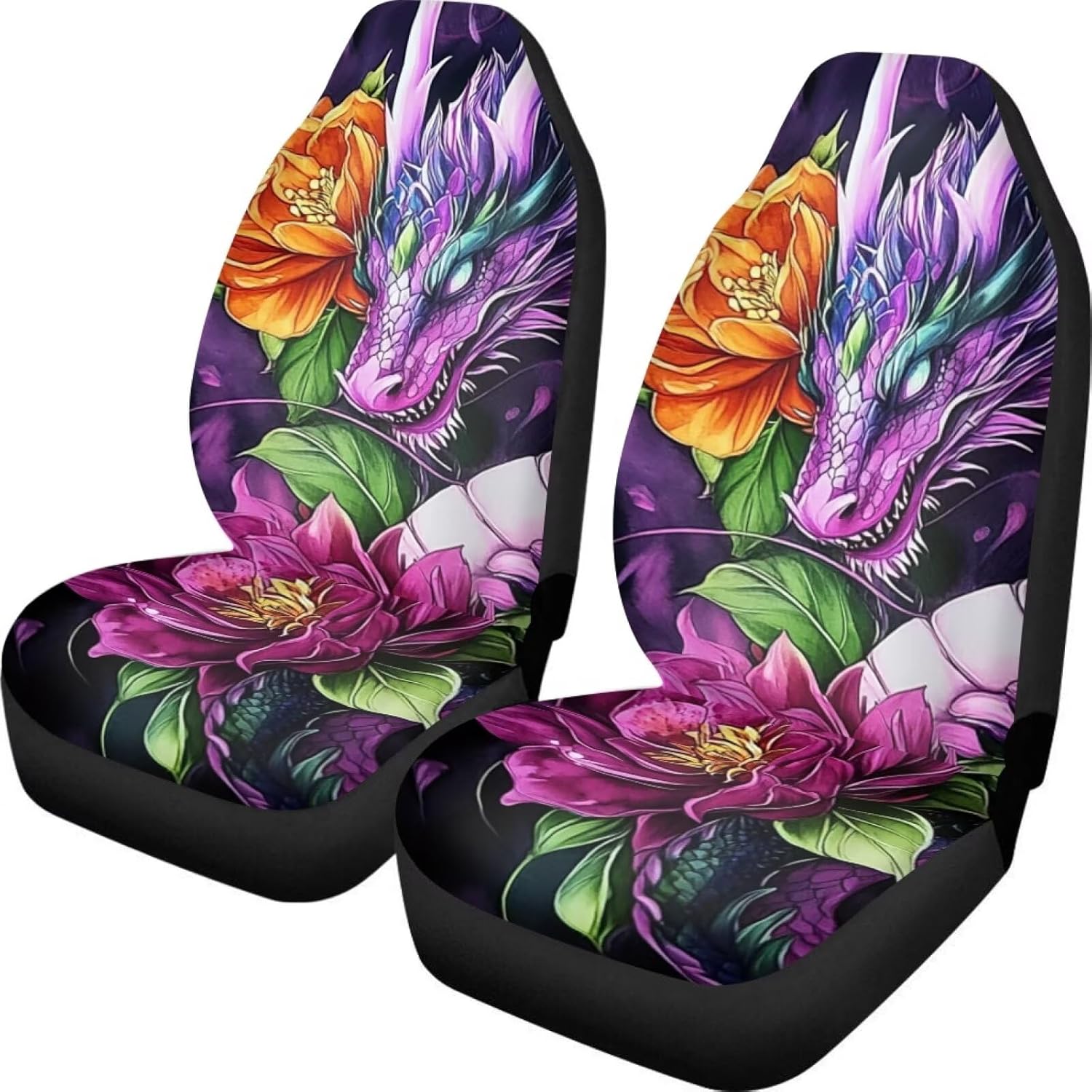 GIFTPUZZ Flower Dragon Car Seat Covers Universal Vihecle Driver Seat Protector Cushion Cover Auto Interior Front Seats Only Universal Durable Bucket Seat Cover for Car SUV Automotive