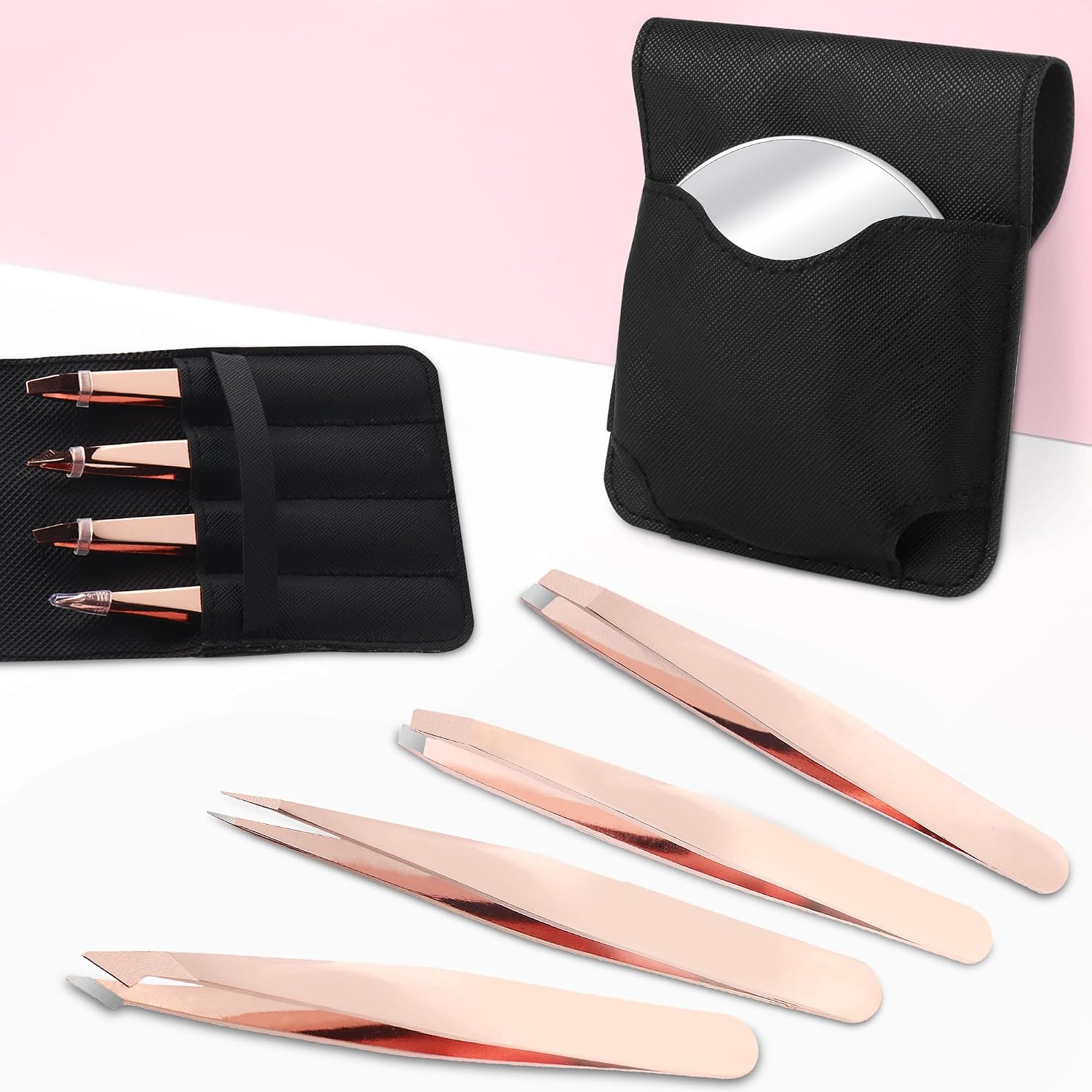 Tweezers and 10X Magnifying Mirror Kit with Travel Leather Case, Eyebrow Tweezer Set for Women & Men, Great Precision for Facial Hair, Splinter and Ingrown Hair Removal - Rosy Gold