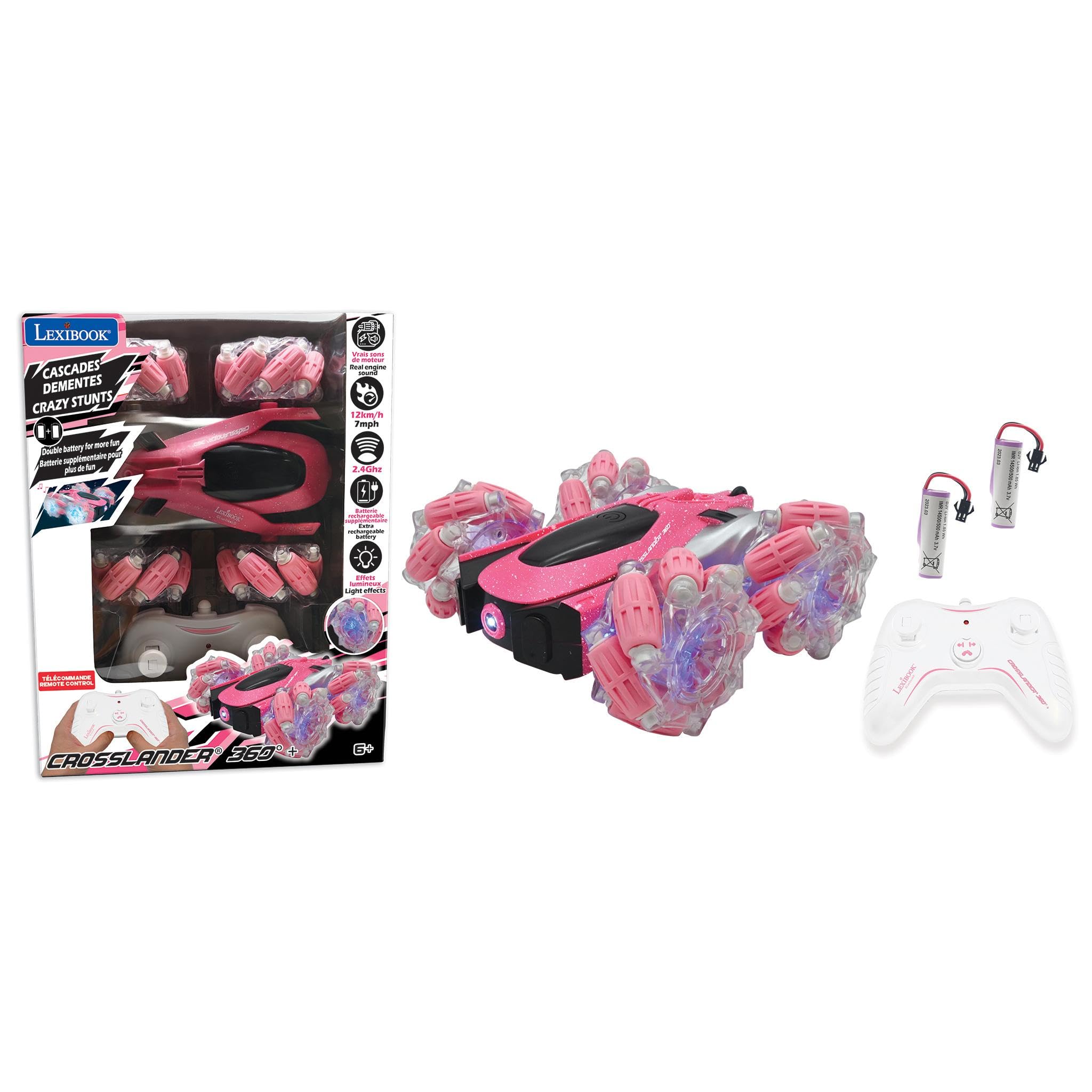LEXIBOOK - Crosslander glow-in-the-dark radio control car, remote control, rechargeable, electronic action game, Pink/Black, RC21GLXB