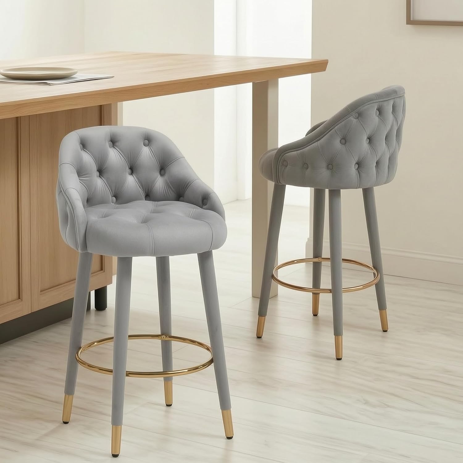 Hyfirm Upholstered Tufted Bar Stools Set of 2, 26" H Velvet Counter Height Bar Stools Glam Barstools with Gold Footrest & Fabric-Covered Legs for Kitchen Island Dining Room Bar, Grey