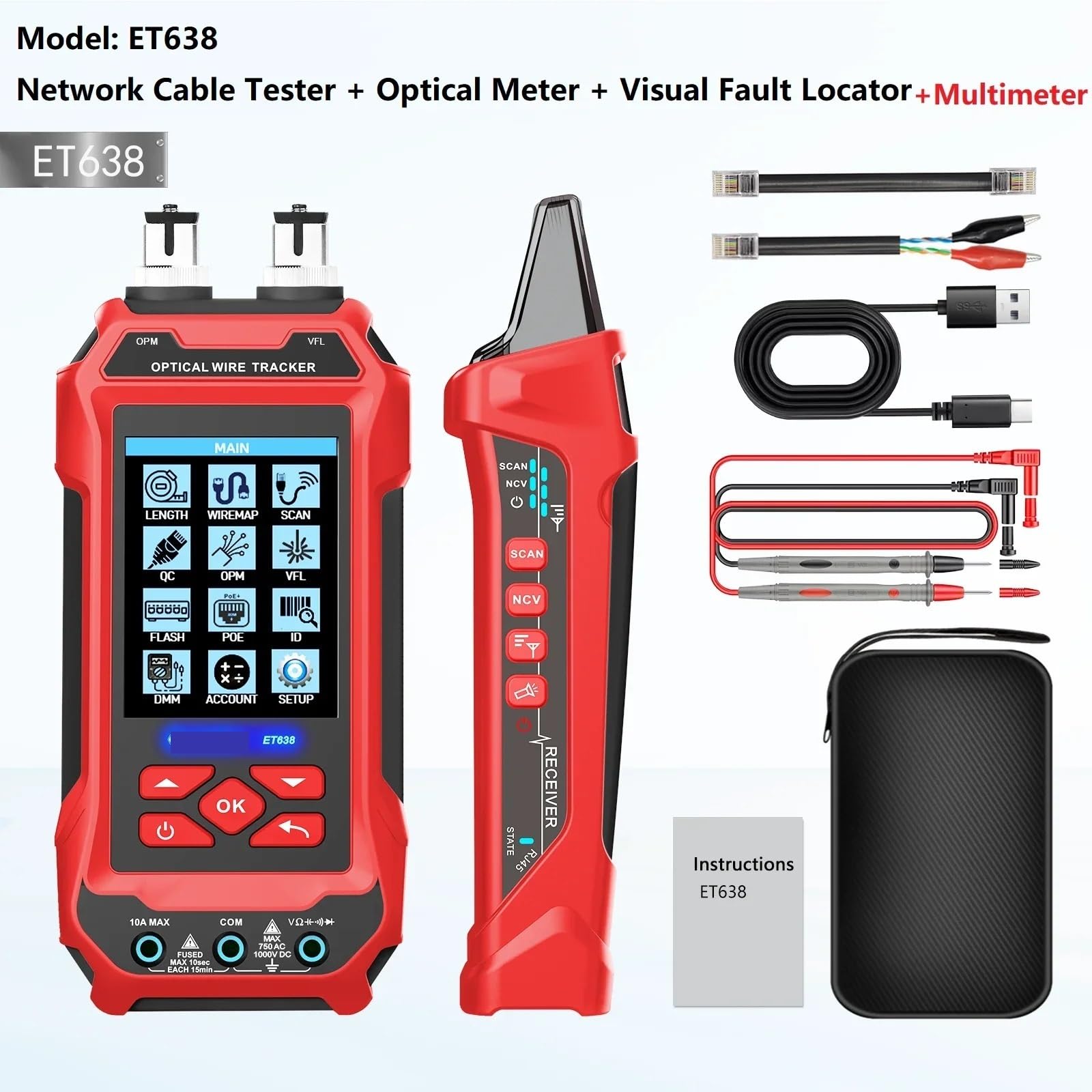 Tester per cavi di rete, Tester for cavi di rete ET636 ET638 Misuratore potenza in fibra ottica multifunzione 4 in 1 Localizzatore visivo guasti(ET638)