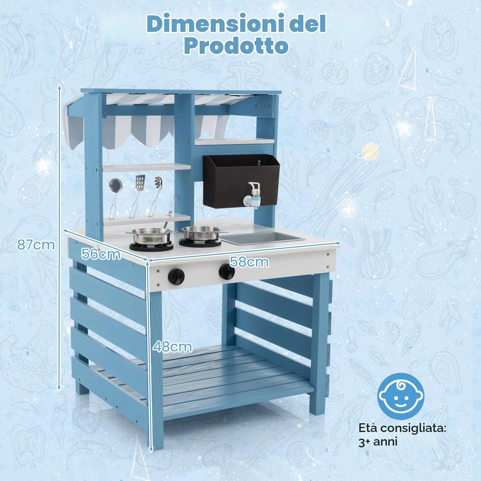 HOMASIS 2 in 1 Cucina per Bambini in Legno a Doppia Faccia, Giocattolo di Imitazione con Tettoia, Lavello Removibile, Rubinetto, Set da Cucinetta per Bambini di 3 Anni in su (Blu)