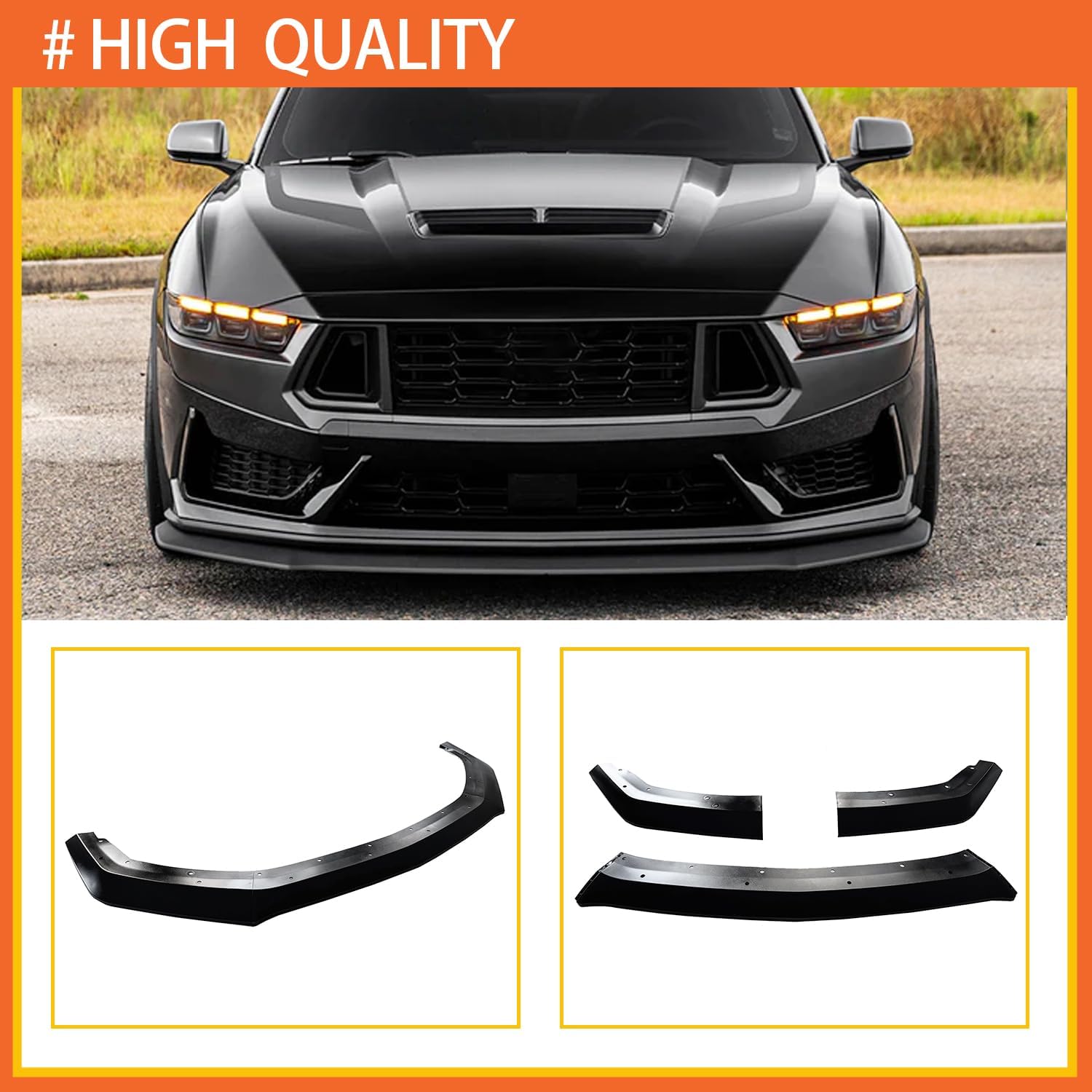 Front Lip Compatibility with 2024 2025 Mustang Front Bumper Lower Diffuser Chin Lip Protection Trim Splitter Spoiler Kit 3PCS (Painted Black)