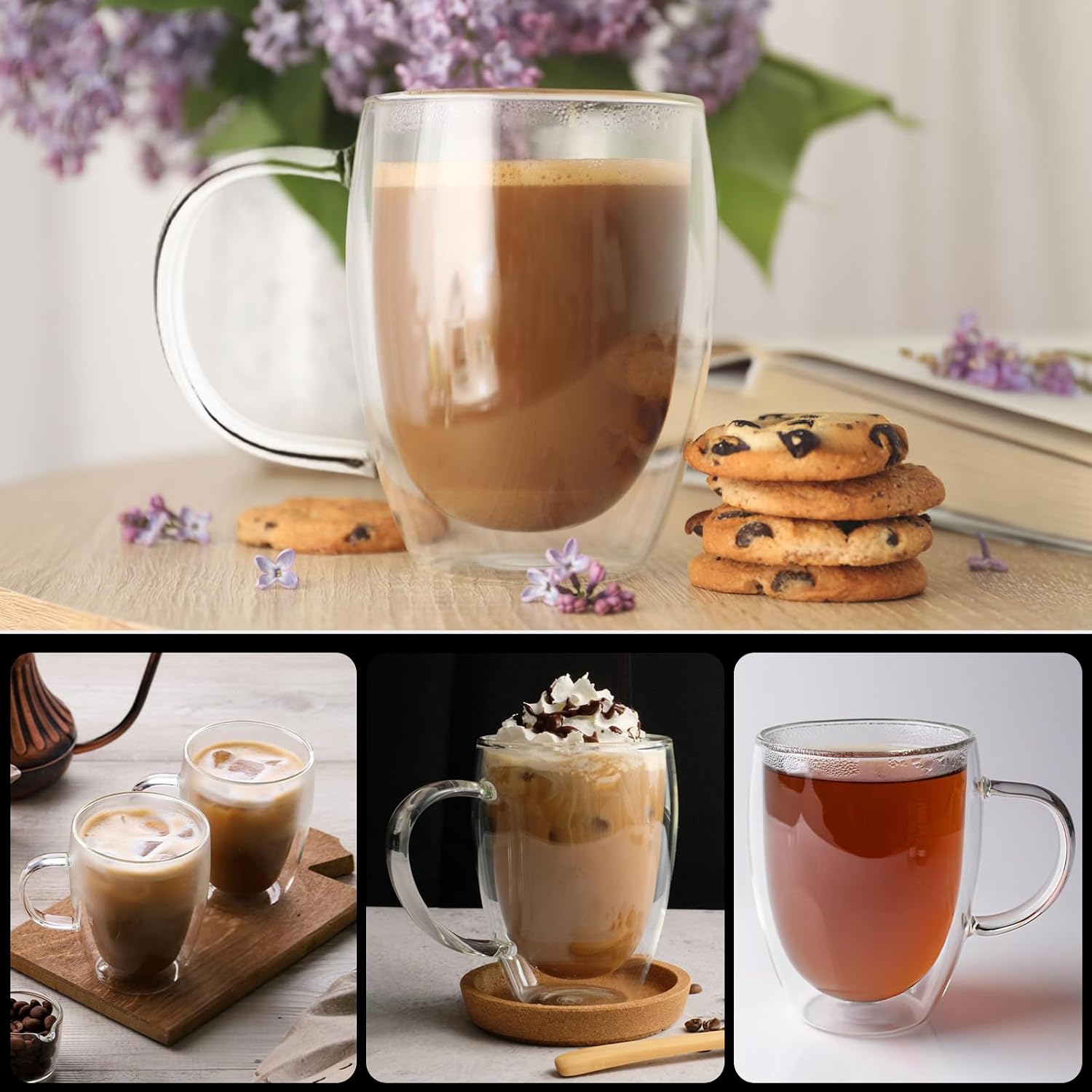 12 Oz Insulated Glass Mugs – Double Wall Coffee Mugs for Tea, Cappuccino, Iced Coffee, Latte, Hot Beverages – Microwave & Dishwasher Safe, Set of 2