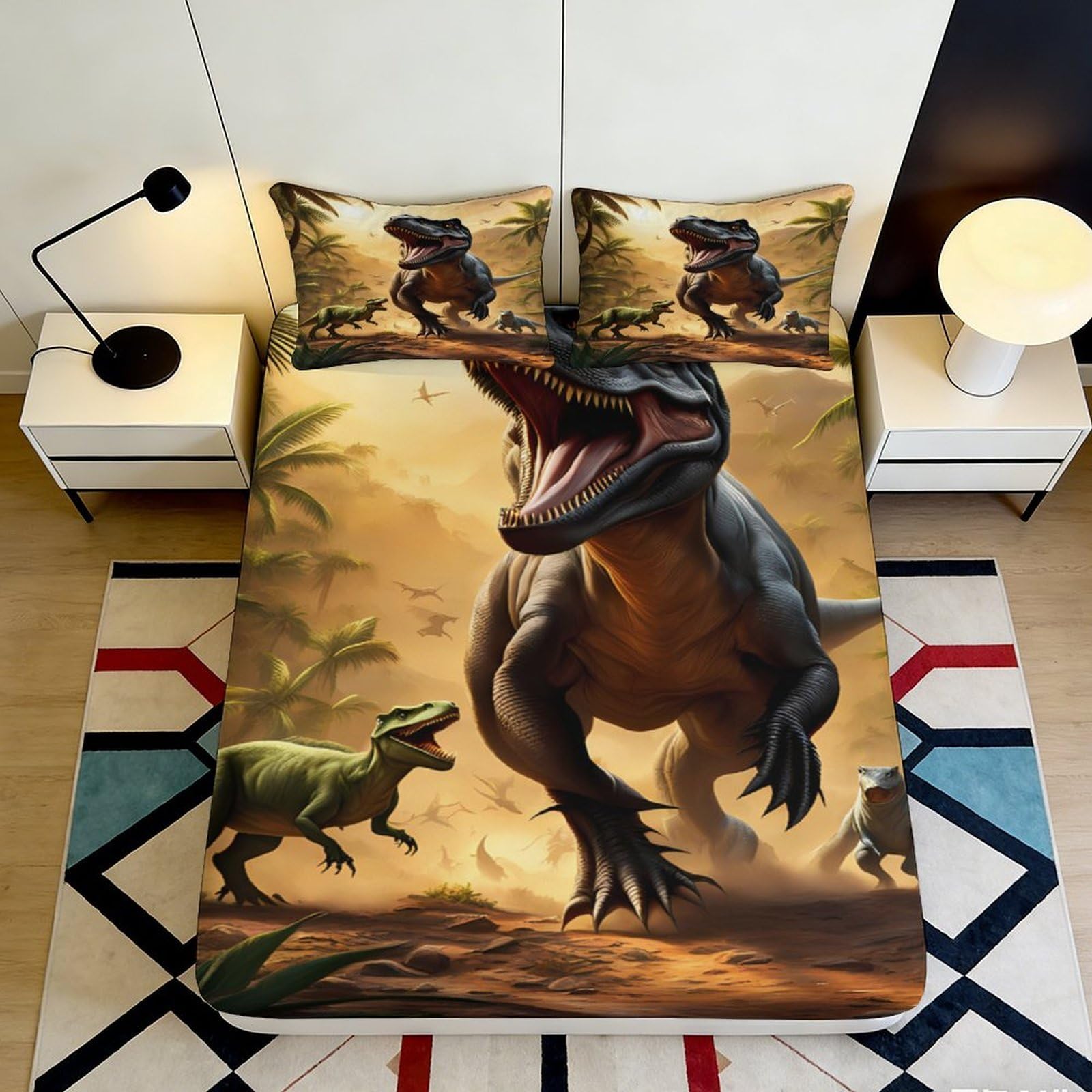 3D Printed Dinosaur Jungle Fitted Sheet Microfiber Soft Anti-Slip T-Rex Mattress Cover for Bedroom Dorm Decor 180x200x25cm