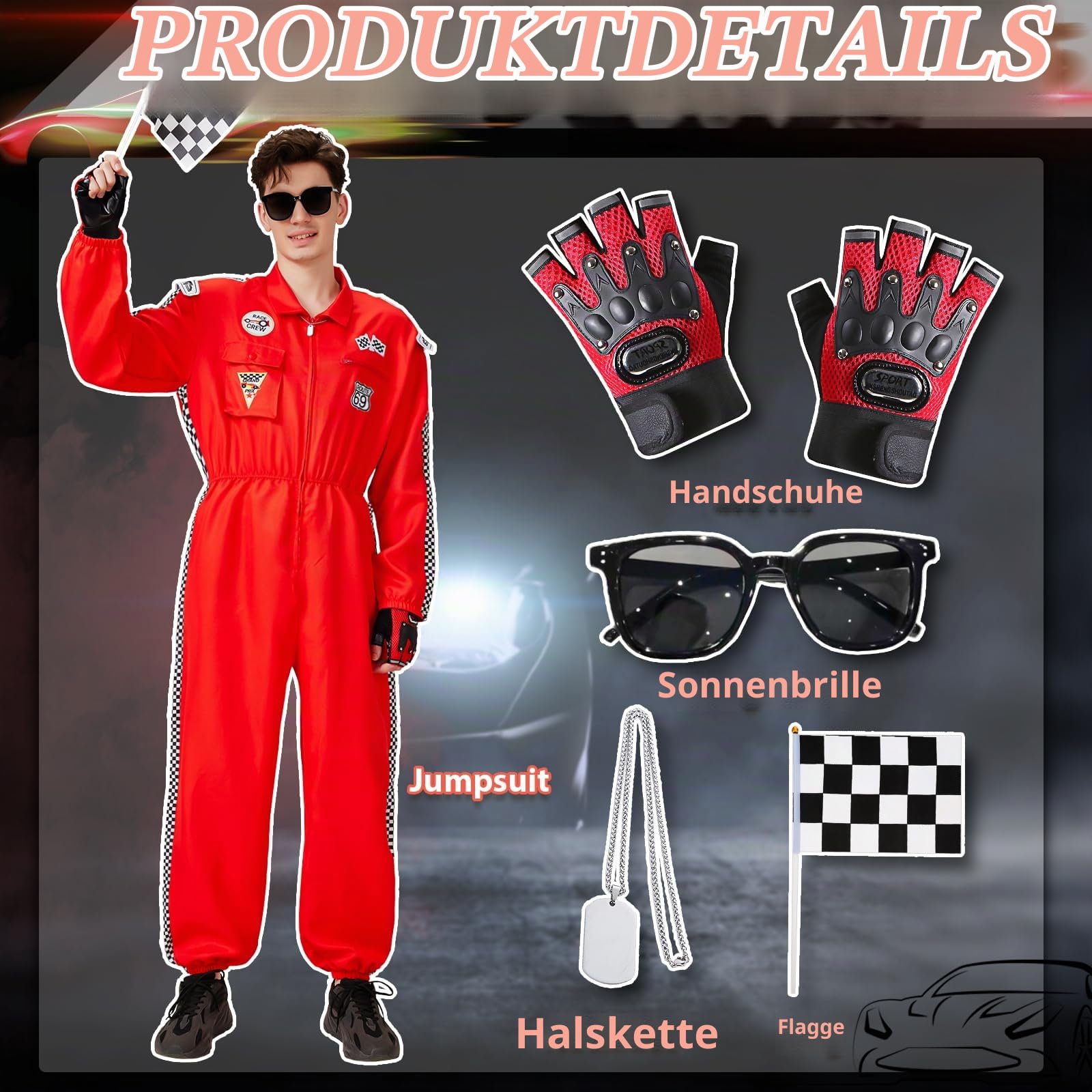 Charmofun Rennfahrer Kostüm Herren, Rennfahrer Anzug Overall Jumpsuit für Erwachsene, Racer Overall Rennwagenfahrer Kostüm mit Handschuhen, Sonnenbrille für Karneval
