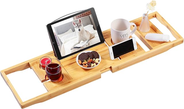VaeFae Bamboo Bathtub Caddy Tray, Expandable Bath Tray for Tub with Upgraded Wine Slots and Book Holder, Anti Slip,Adjustable Bath Trays for Wine Glass, Phone, Book, Candle