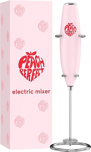 Peach Perfect Espumador de leche de mano, mezclador eléctrico de bebidas para café, lattes, suplementos en polvo, varita espumadora de acero