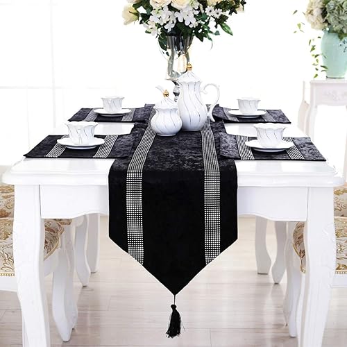 San Tungus Camino de mesa con borlas con tira bilateral de diamantes de imitación para estilo europeo moderno, 13 x 72 pulgadas, color negro