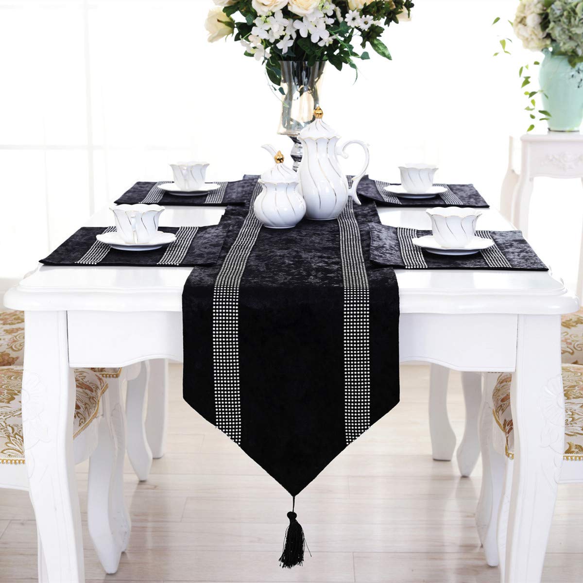 Multi-Size Elegant Table Runner with Tassels Bright Rhinestone, San Tungus 13 x 84 Inch for Farmhouse Long Side Desk Tall Kitchen Tea/Coffee Table Dining Room Decoration Party Dresser, Black