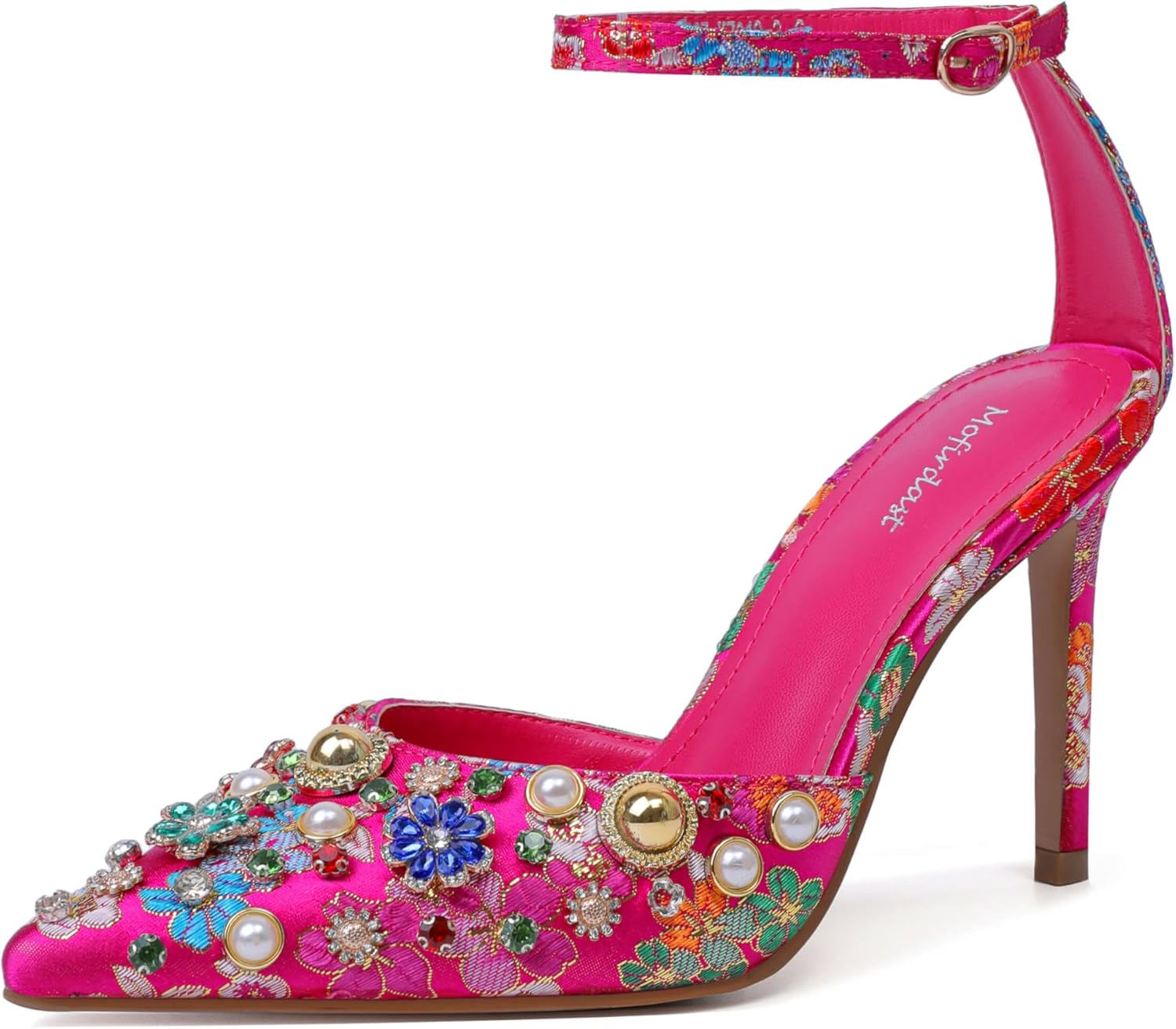 Mofirdast Womens Ankle Strap Colorful Rhinestones Heels Floral Print Embroidery Pumps Sandals Wedding Daily Dressy Prom Party Shoes