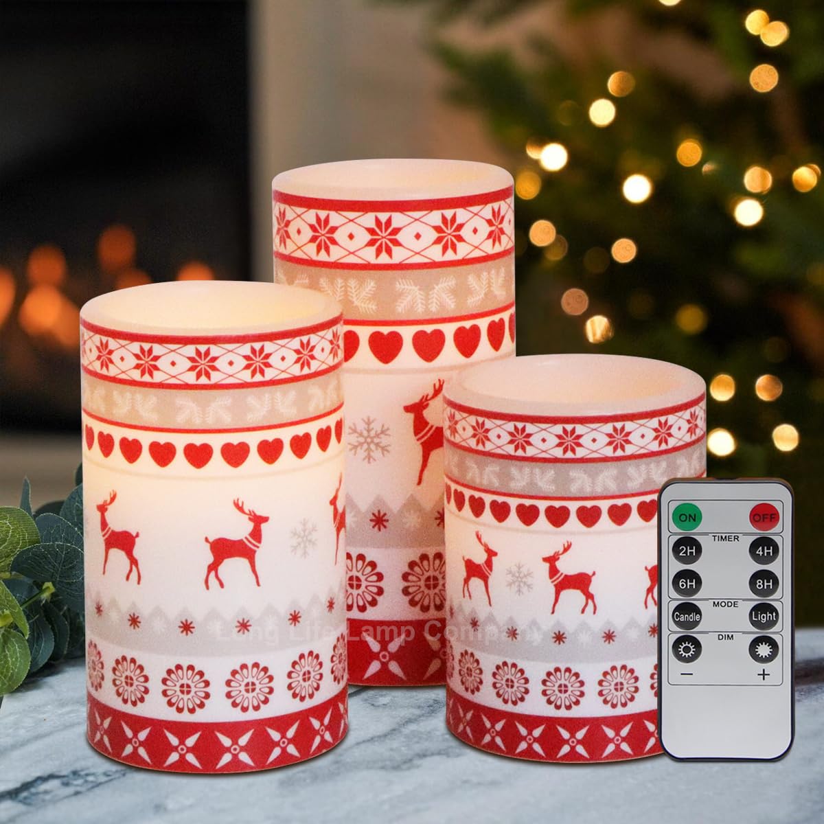 Mega Socket LED Wax Flameless Candles Christmas Reindeer Pillars Flicker Flame Candle Pillars USB Rechargeable Set of 3 Remote Control WAX04