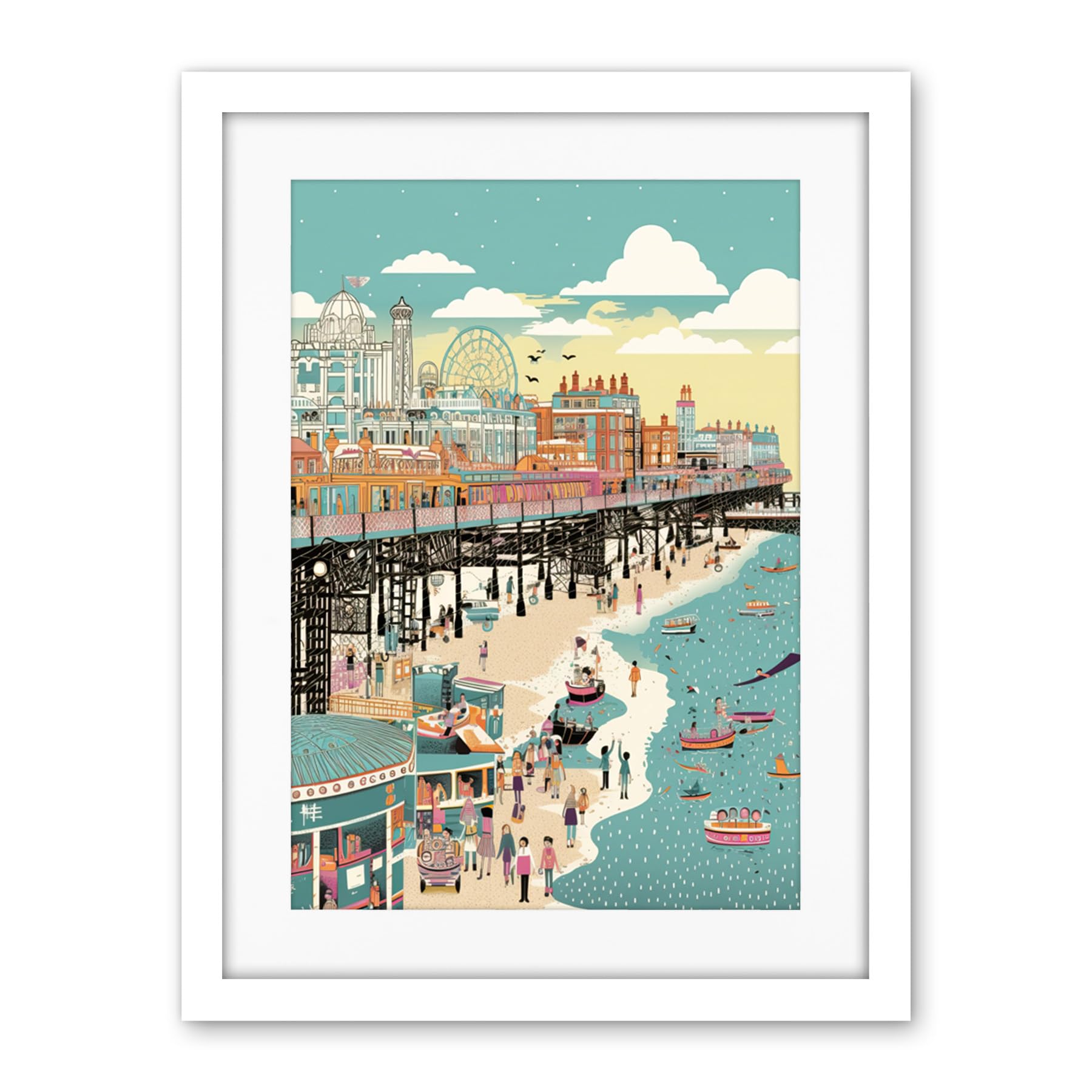 Artery8 Brighton Beach Pier and Sandy Summer Scene Artwork Framed Wall Art Print 18X24 Inch