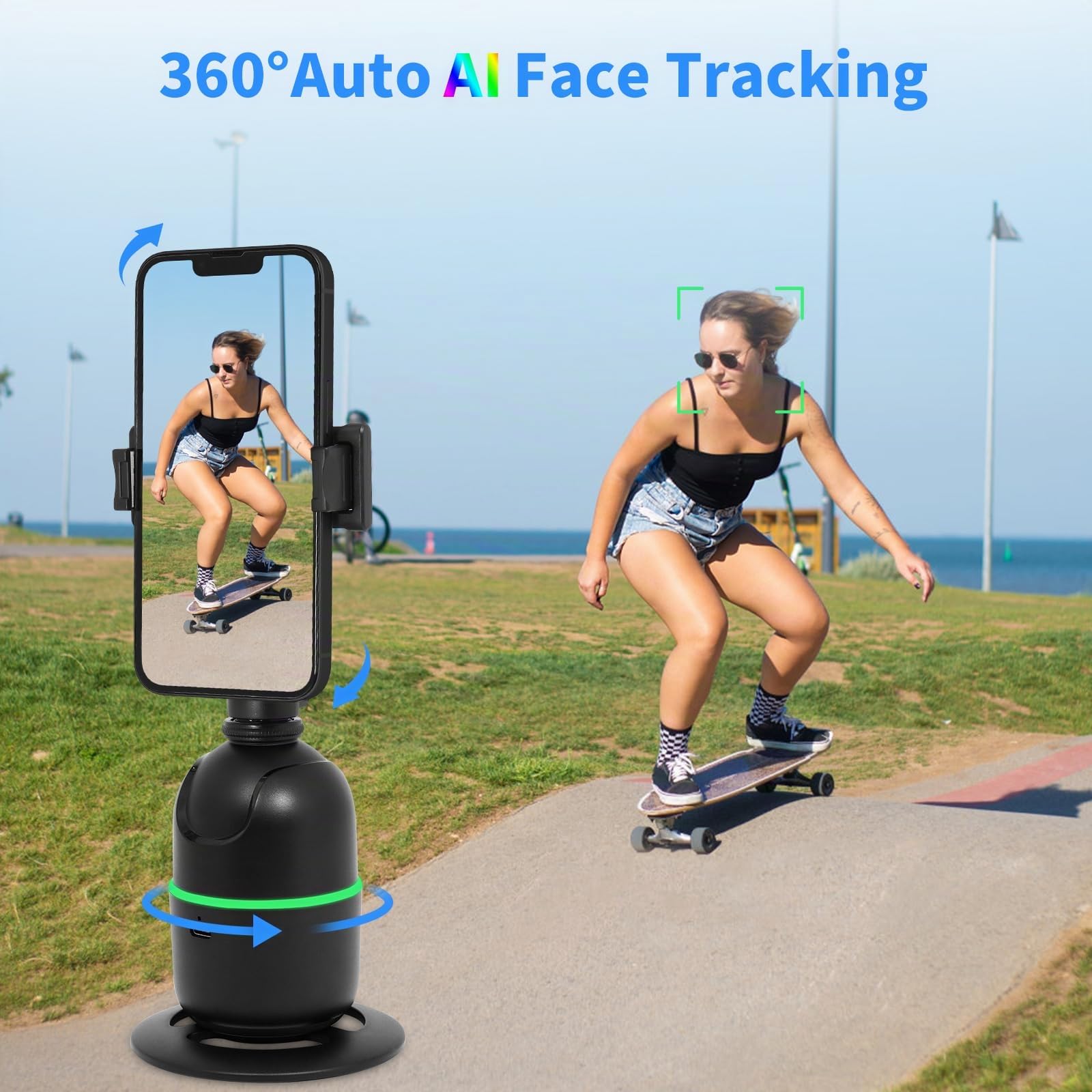 KozyOne Treppiede di tracciamento automatico del viso/corpo, nessuna applicazione richiesta, supporto del telefono di rotazione a 360° con luce di riempimento, supporto del telefono di monitoraggio