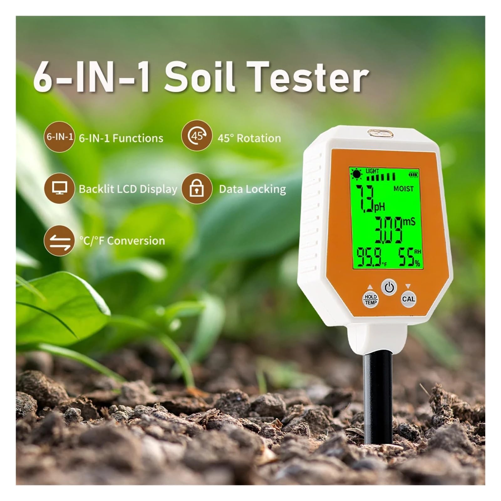 Medidor De Suelo 6 En 1: PH, CE, Humedad, Luz Solar, Humedad Del Aire Y Temperatura. Medidor De PH Y Conductividad De Alta Precisión For Jardinería Y Agricultura.