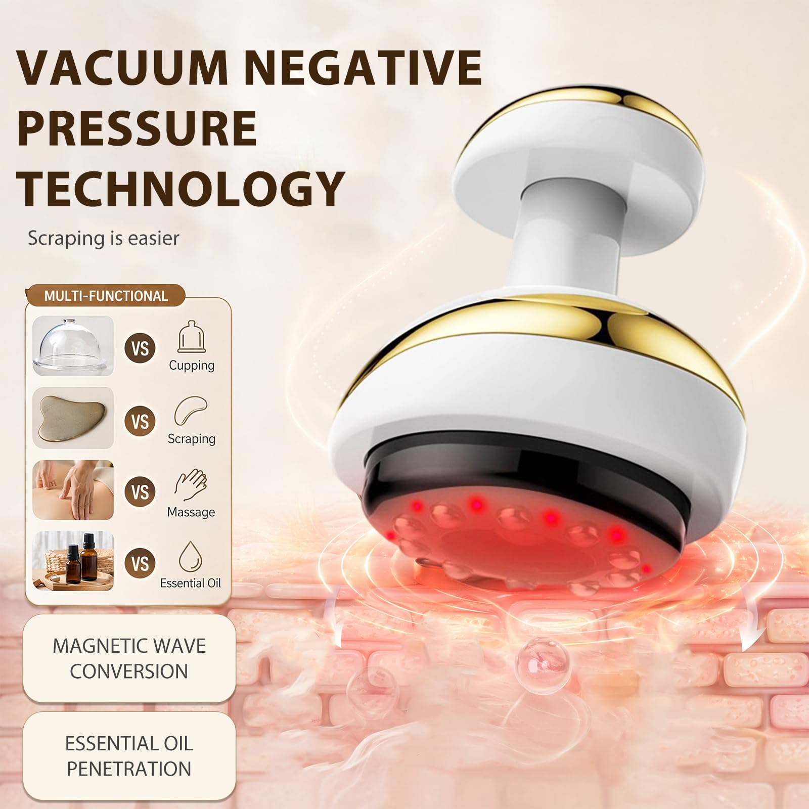 Gua Sha - Masajeador eléctrico 4 en 1 con función de calor, 6 niveles de vacío, dispositivo anticelulitis, masajeador de mano inalámbrico para promover la circulación sanguínea para espalda y cuerpo