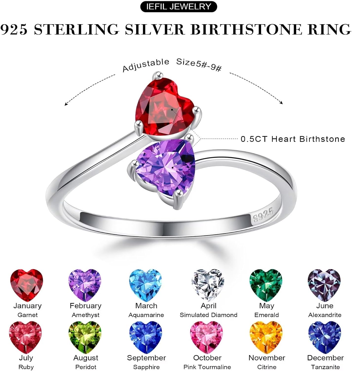 Iefil Adjustable Birthstone Rings for Women - 925 Sterling Silver Double Birthstone Rings, Anniversary & Birthday Gifts for Women, Personalized Jewelry Gifts for Wife, Mom, Girlfriend - Image 3